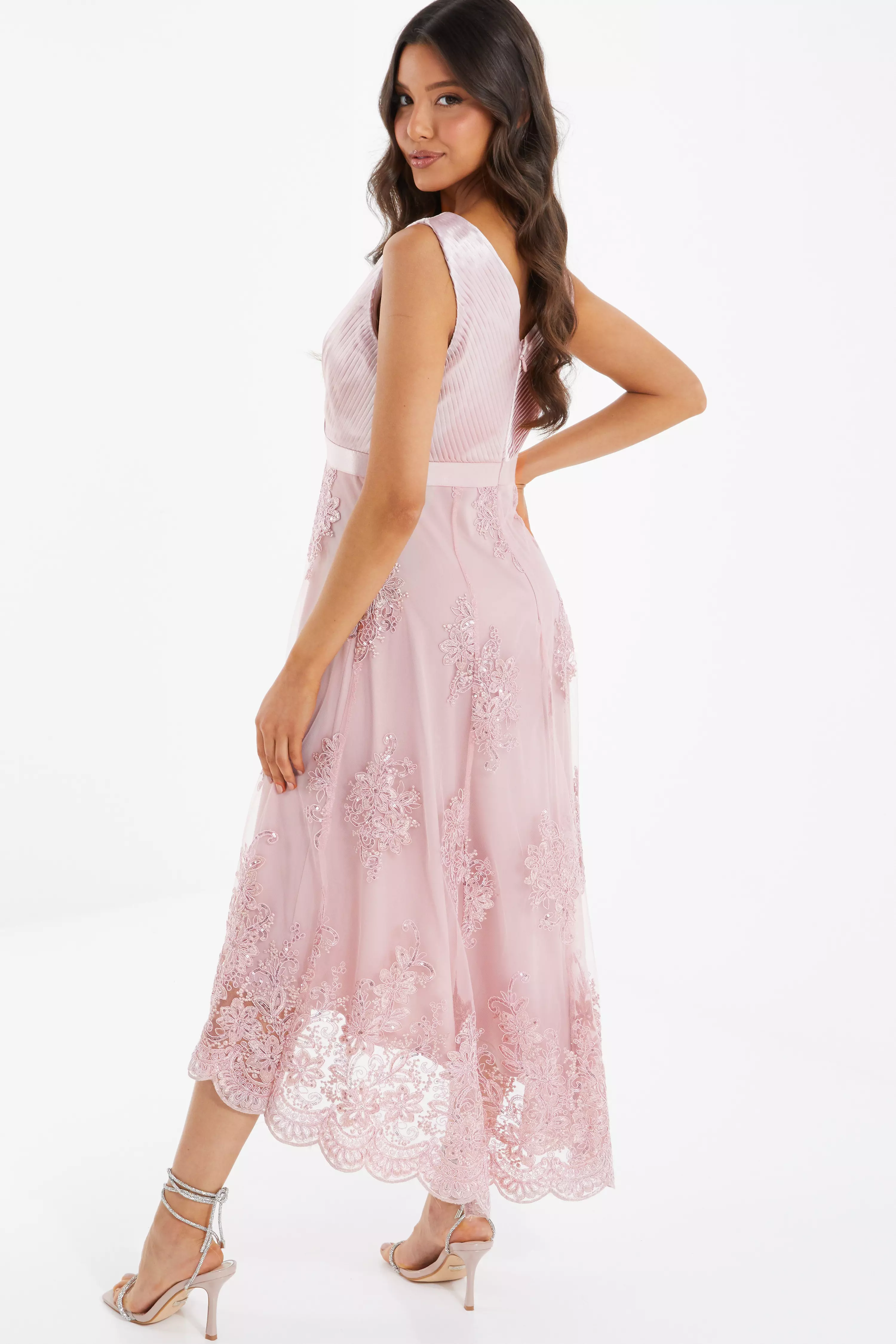 Pink Embroidered Dip Hem Dress