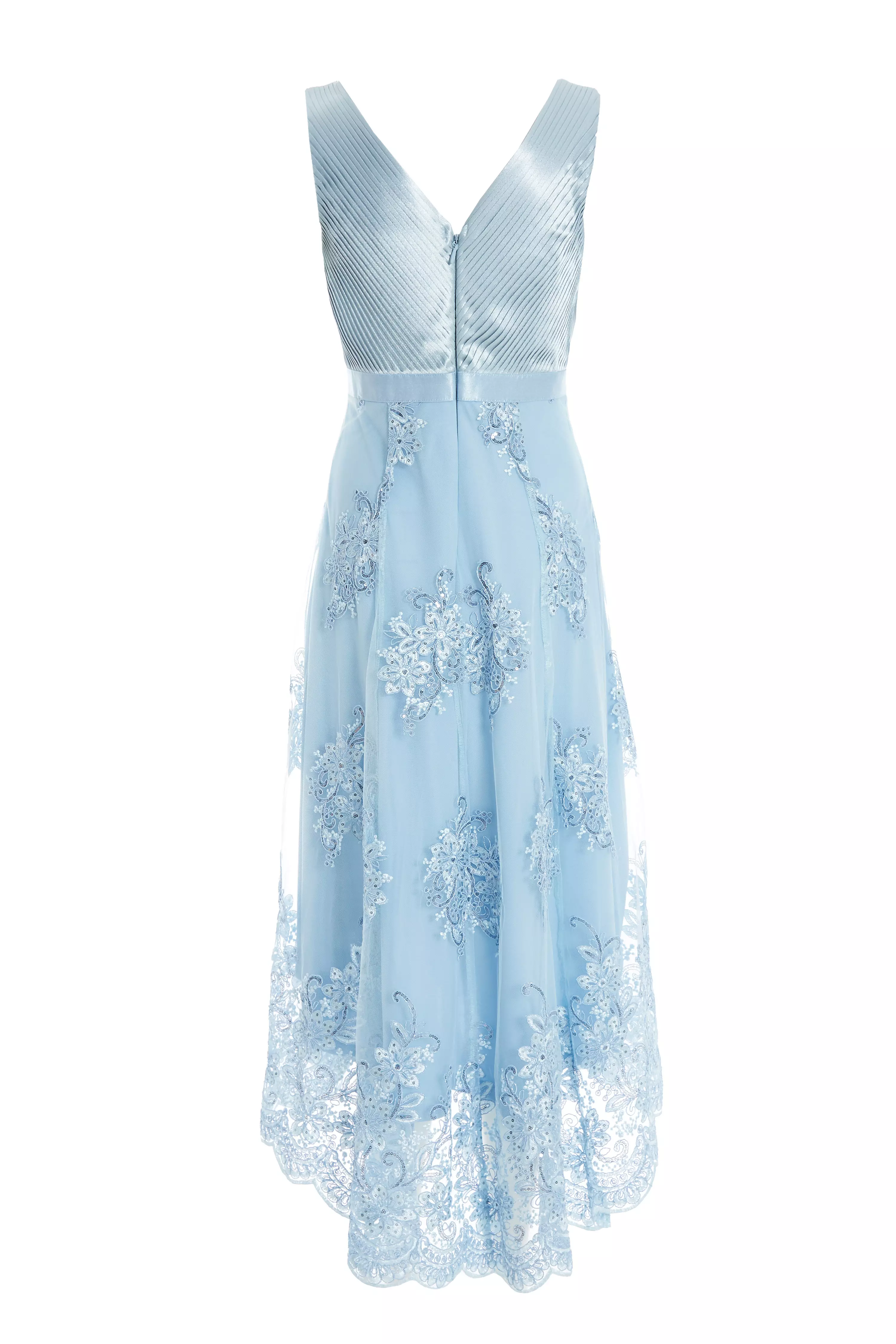 Blue Embroidered Dip Hem Dress