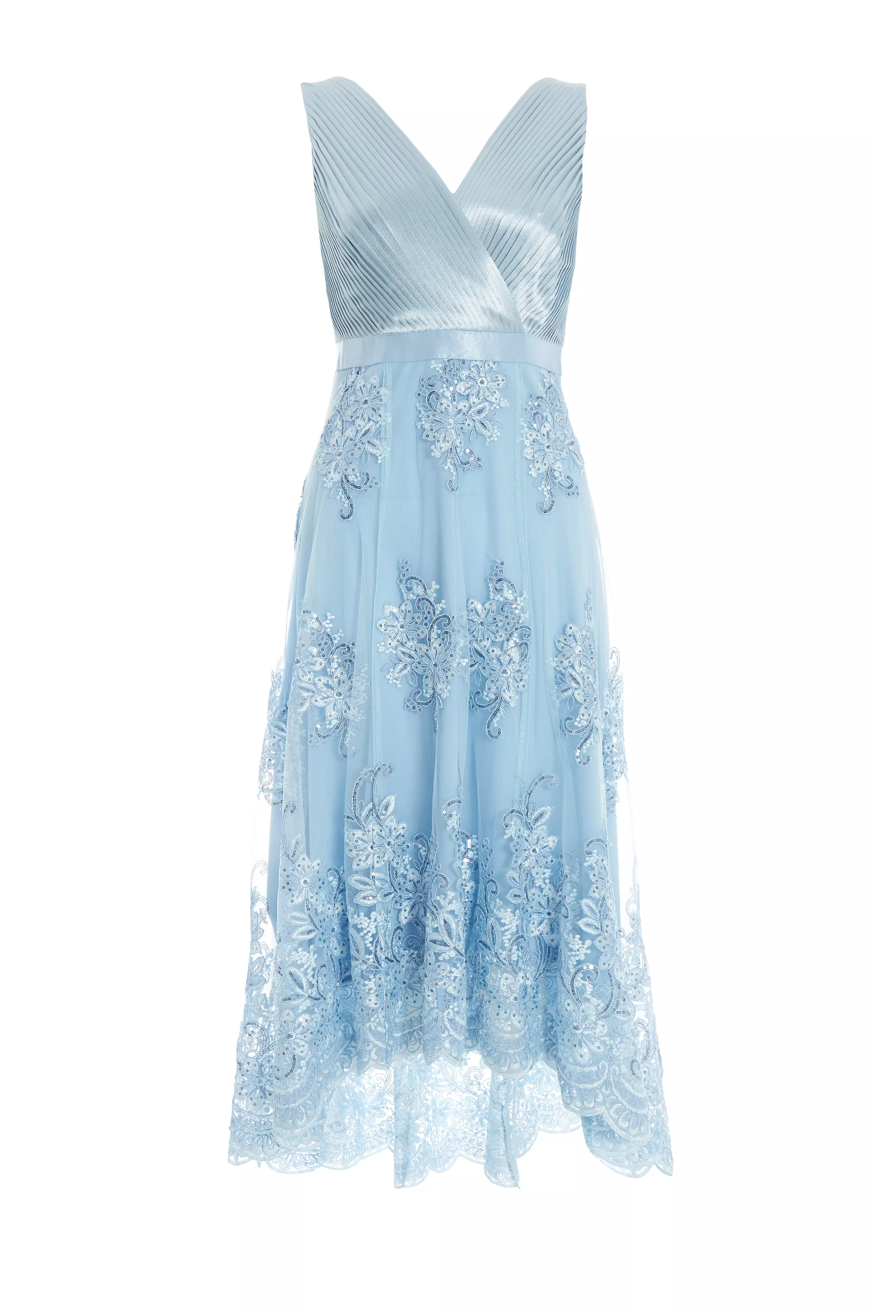 Blue Embroidered Dip Hem Dress