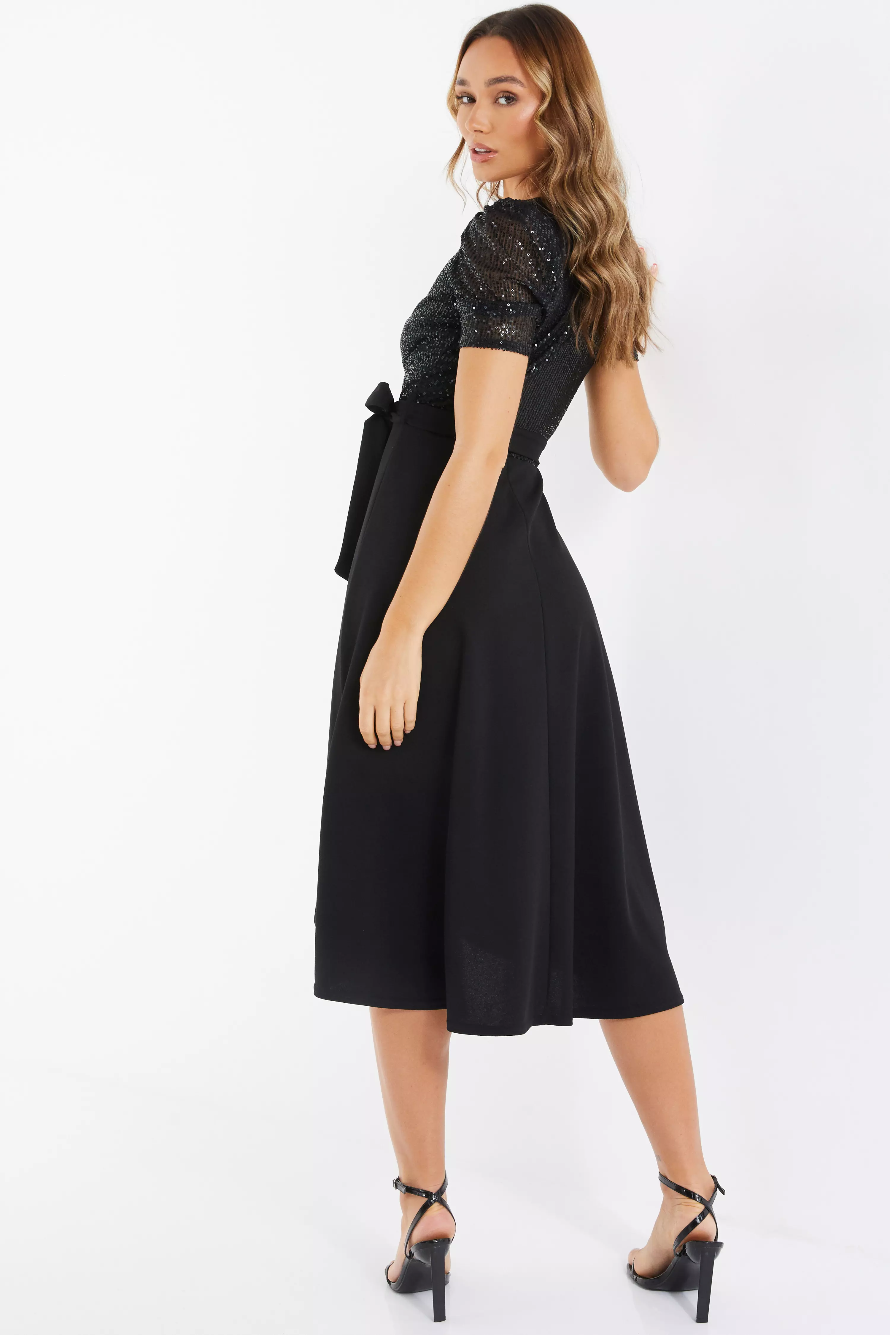 Black Sequin Wrap Dip Hem Midi Dress
