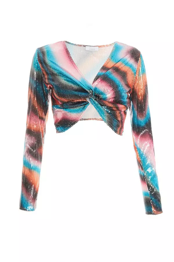 Multicoloured Sequin Marble Knot Crop Top