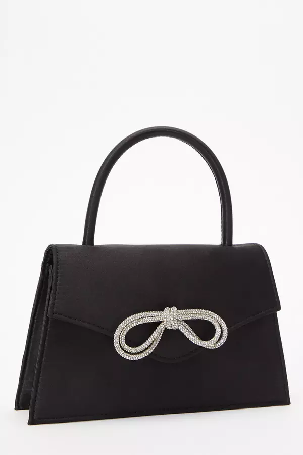Black Satin Diamante Bow Mini Tote Bag