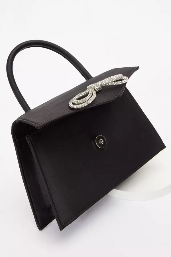Black Satin Diamante Bow Mini Tote Bag