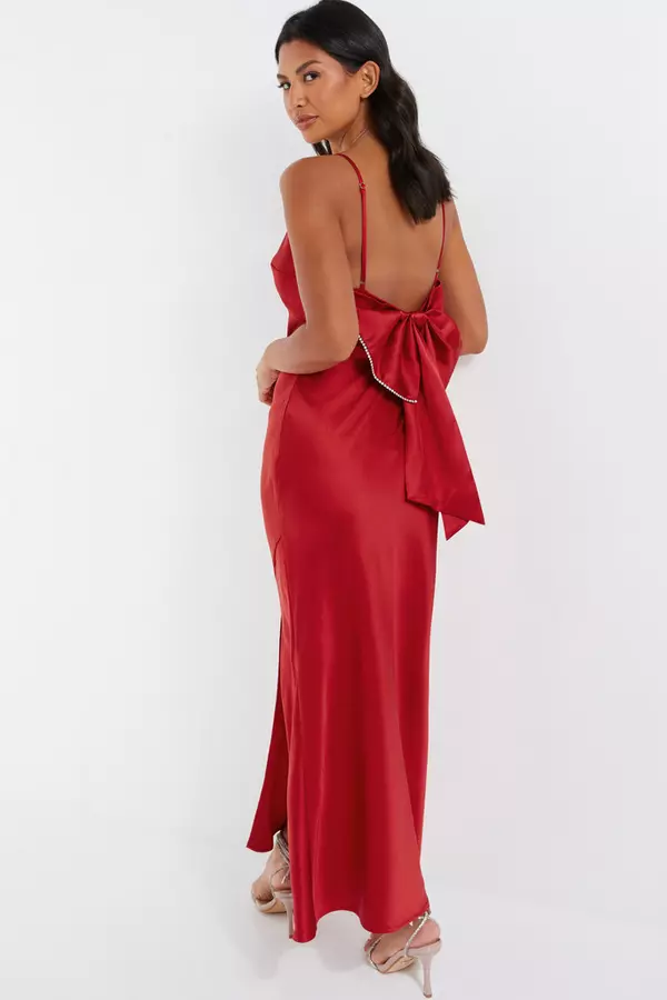 Red Satin Bow Midaxi Dress