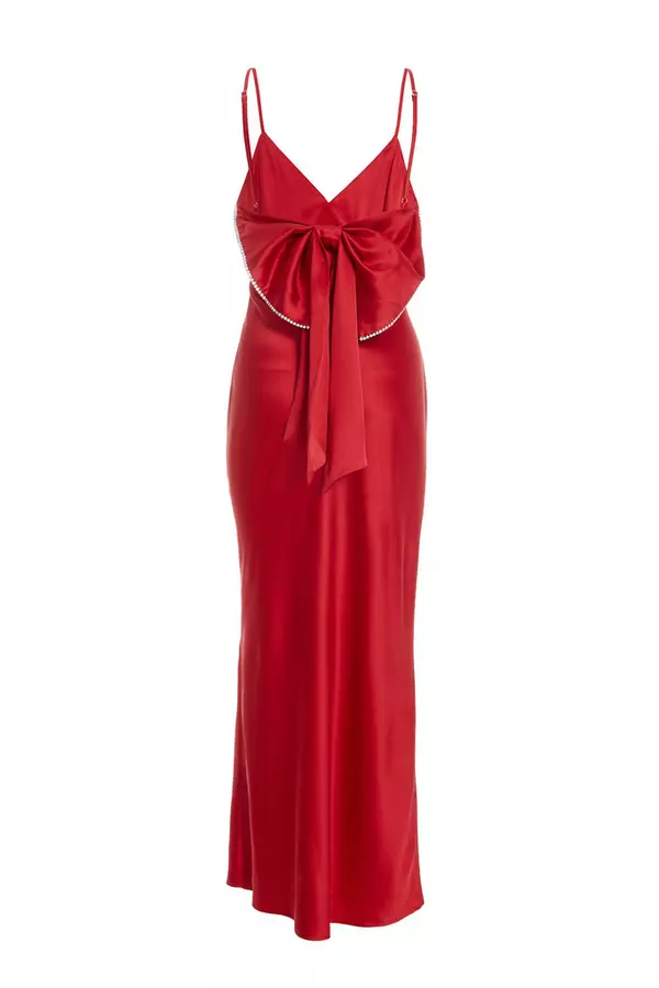 Red Satin Bow Midaxi Dress