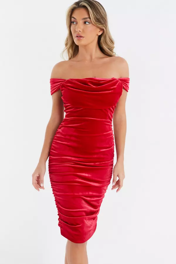 Red Velvet Bardot Midi Dress
