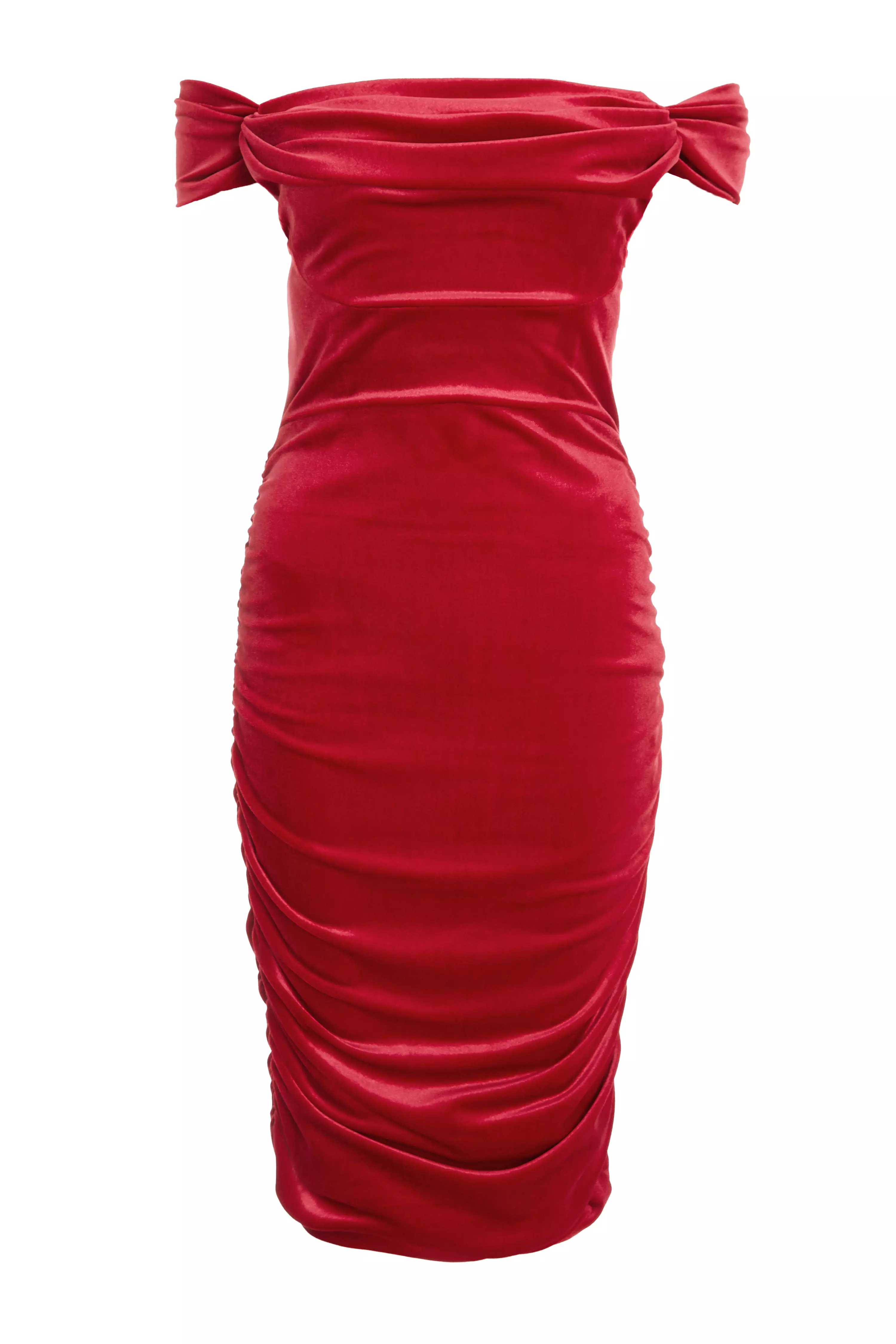 Red Velvet Bardot Midi Dress
