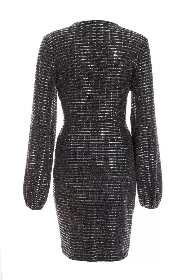 Black Sequin Ruched Bodycon Mini Dress