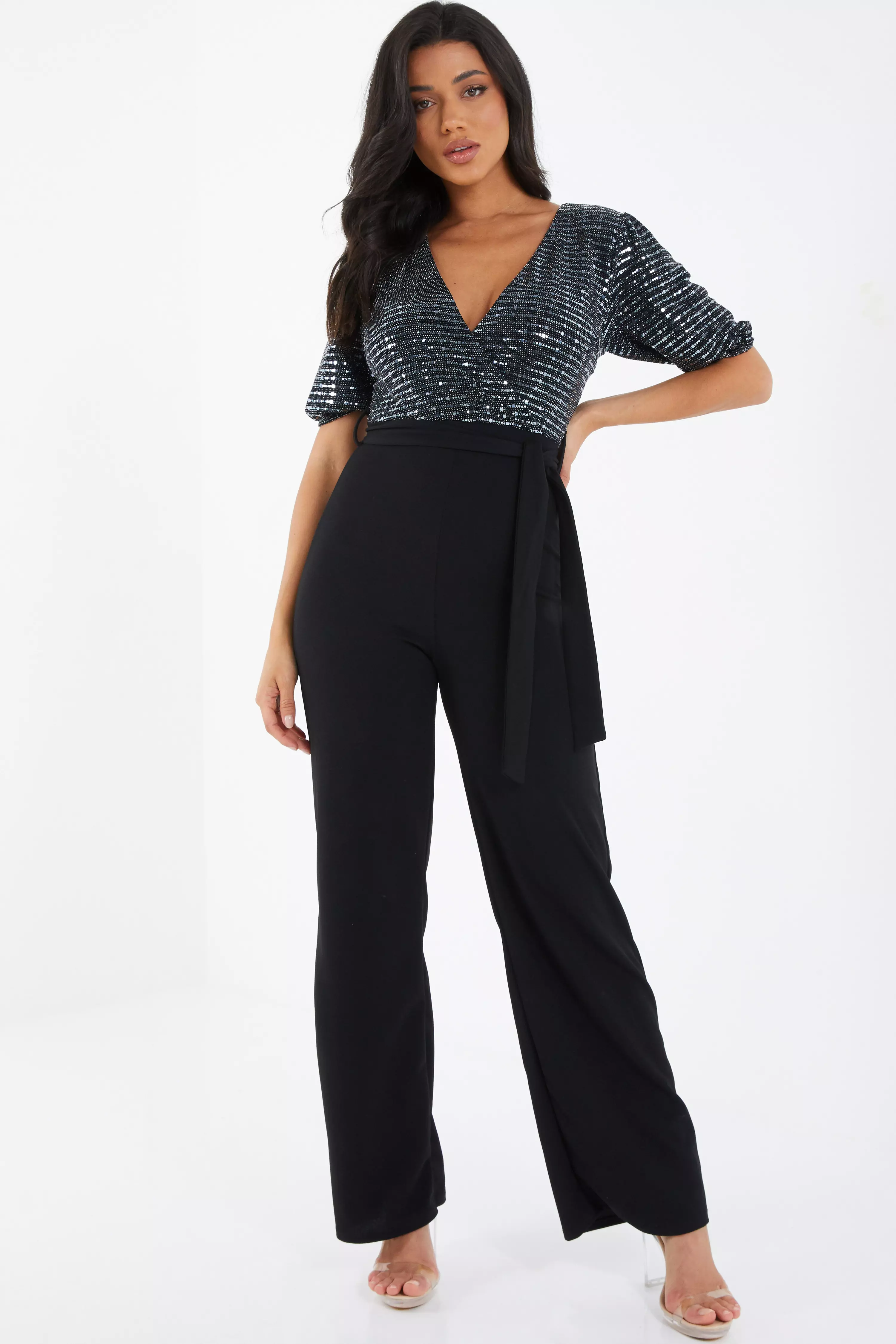 Grey Sequin Contrast Wrap Palazzo Jumpsuit