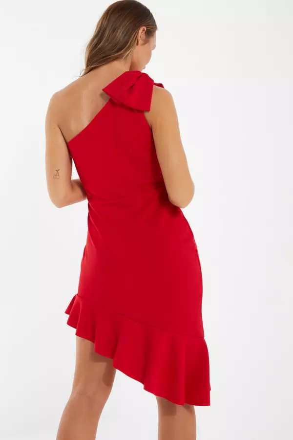 Red One Shoulder Bow Midi Dress