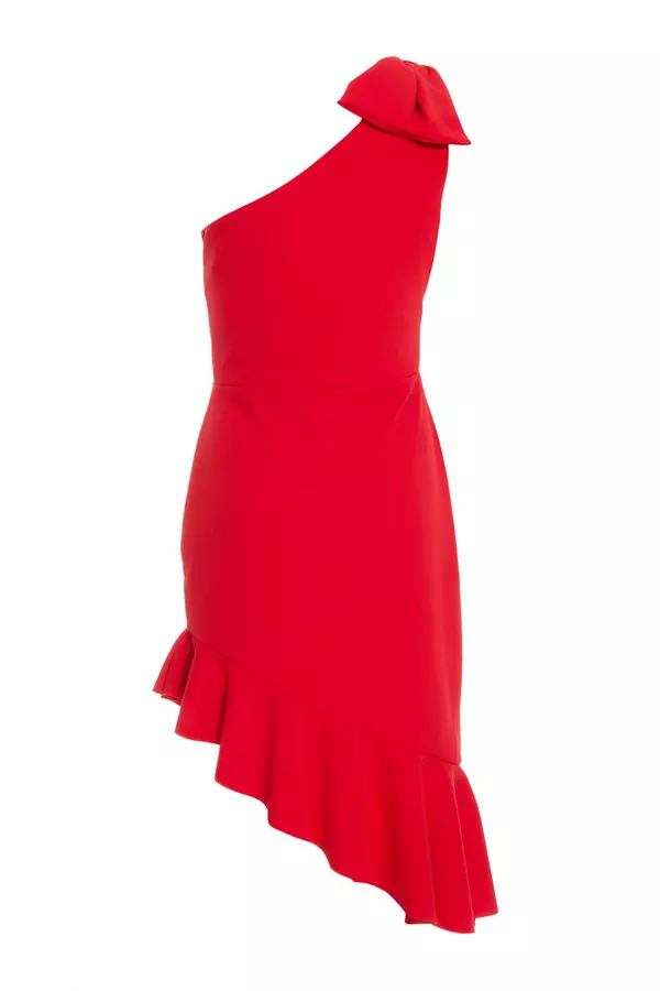 Red One Shoulder Bow Midi Dress