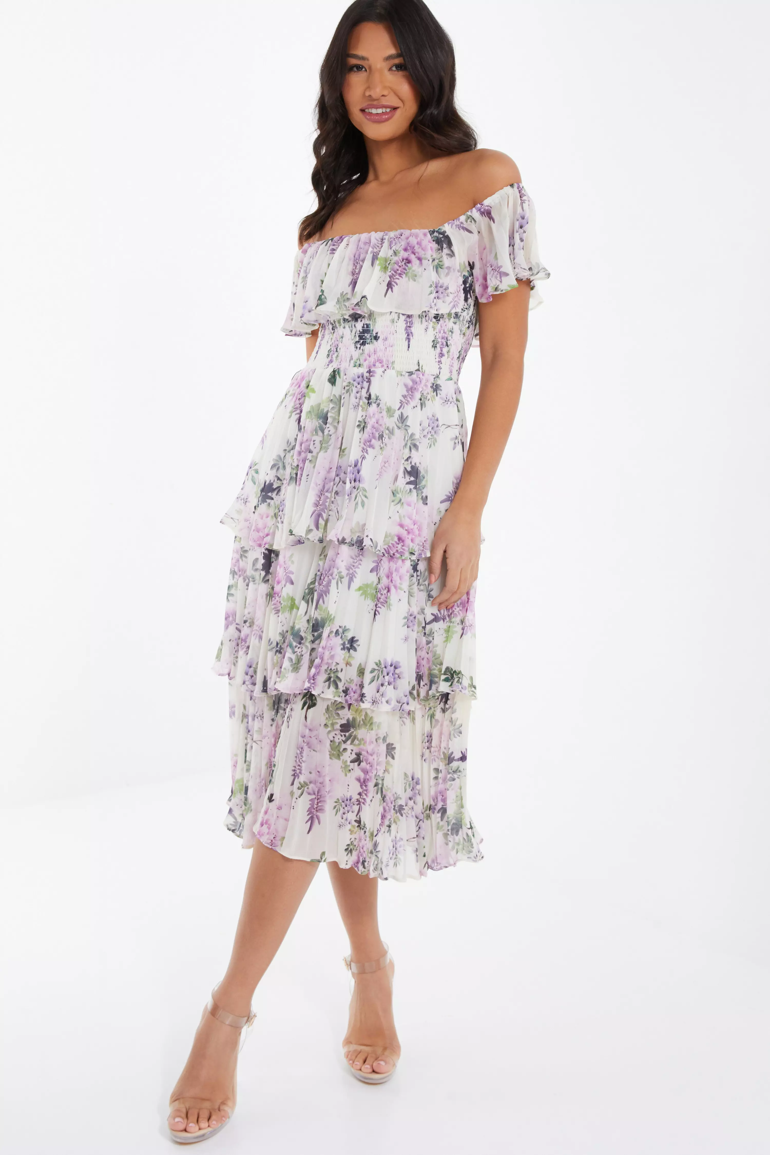 White Chiffon Floral Bardot Midi Dress