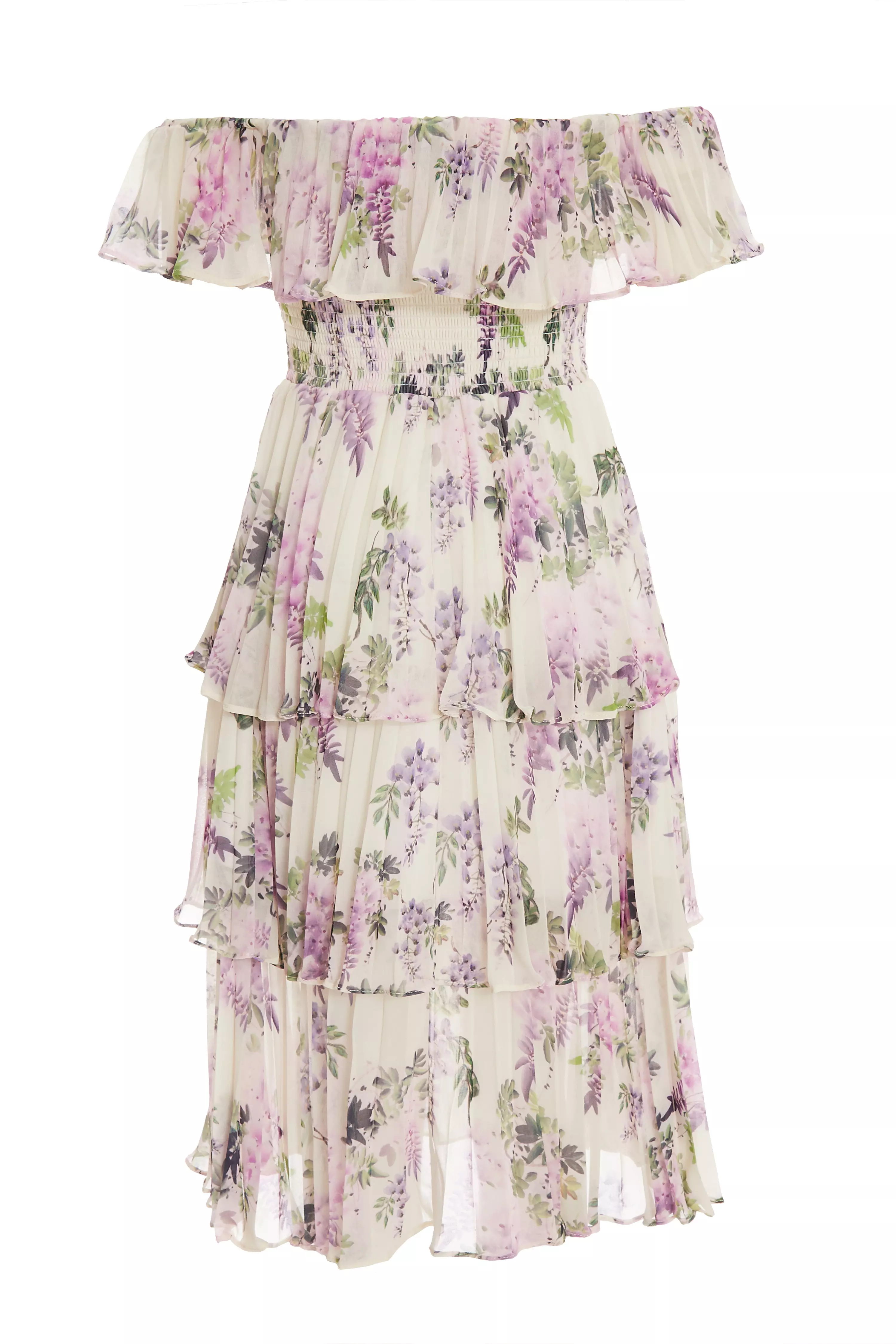 White Chiffon Floral Bardot Midi Dress