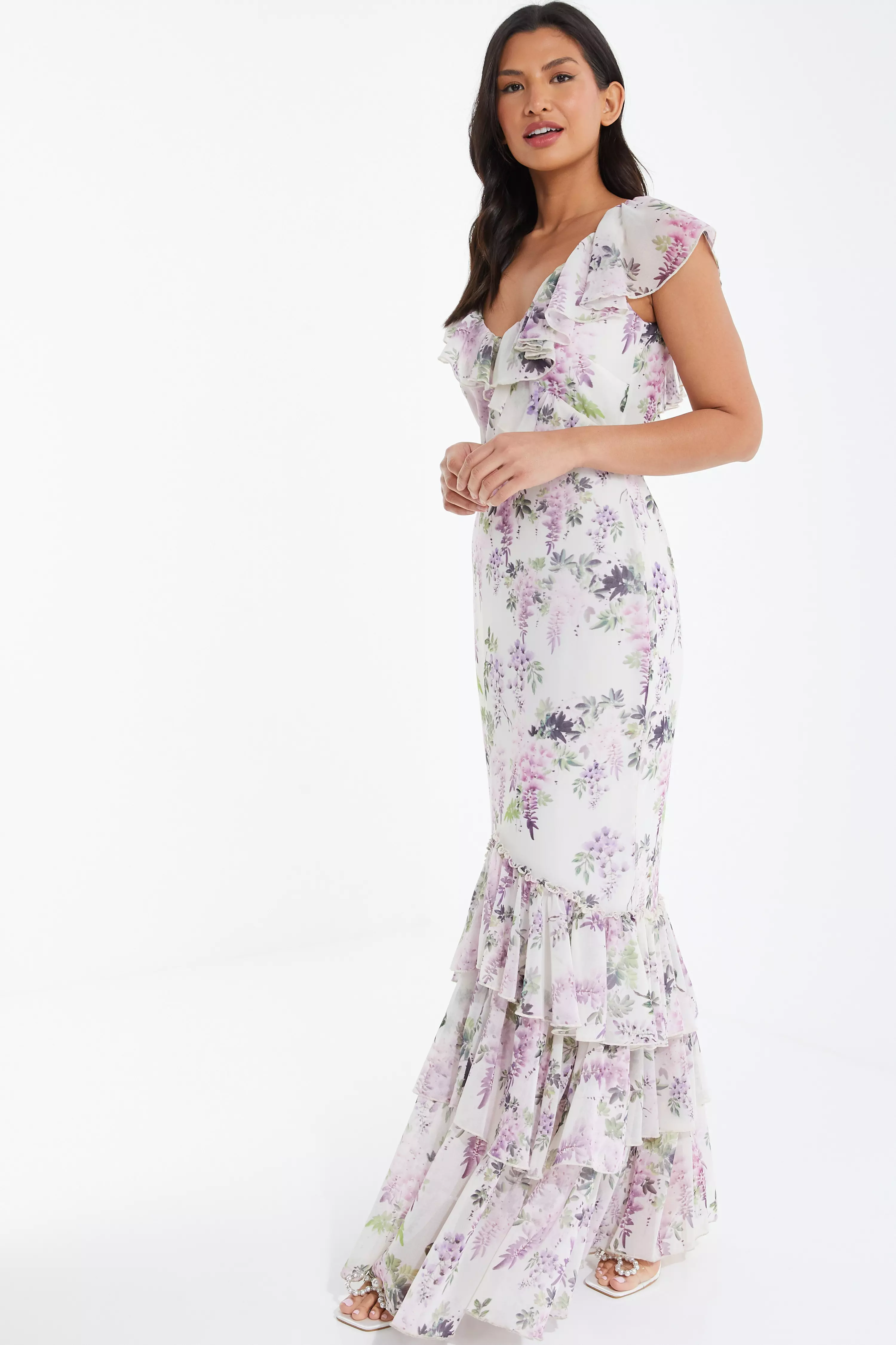 White Chiffon Floral Frill Maxi Dress