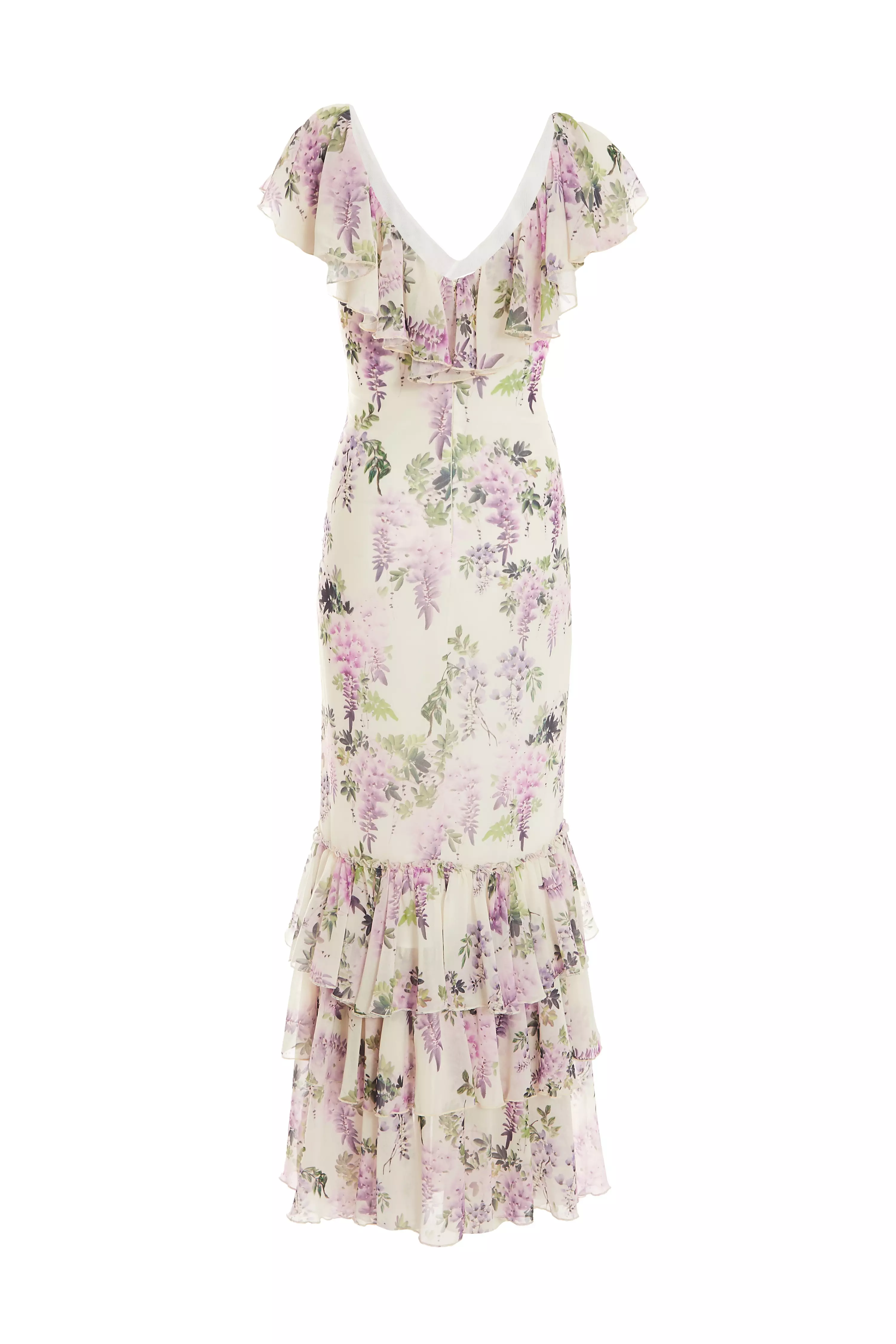 White Chiffon Floral Frill Maxi Dress