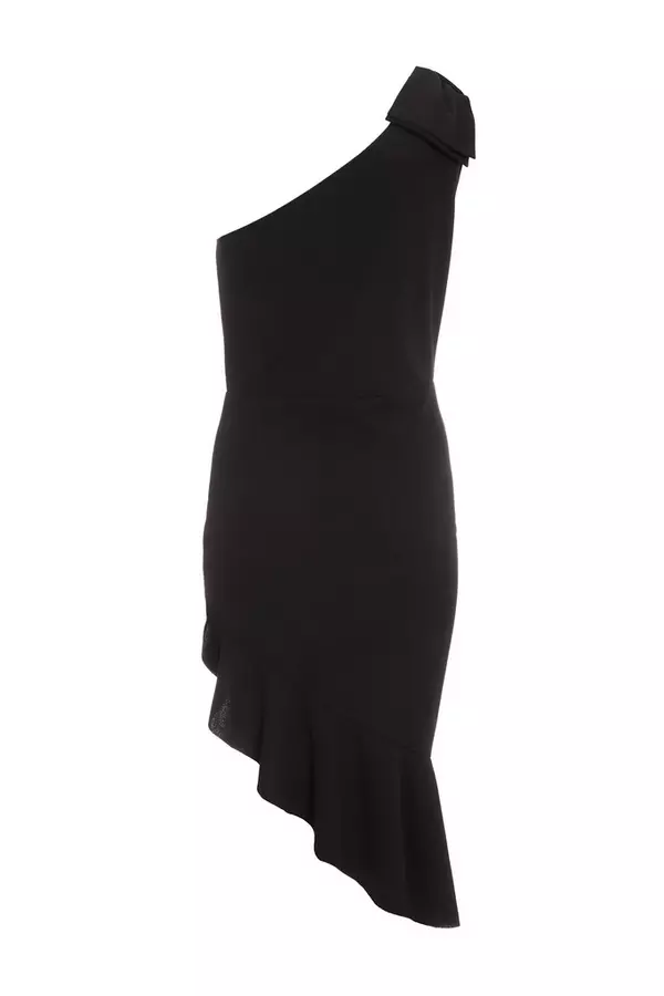 Black One Shoulder Bow Midi Dress