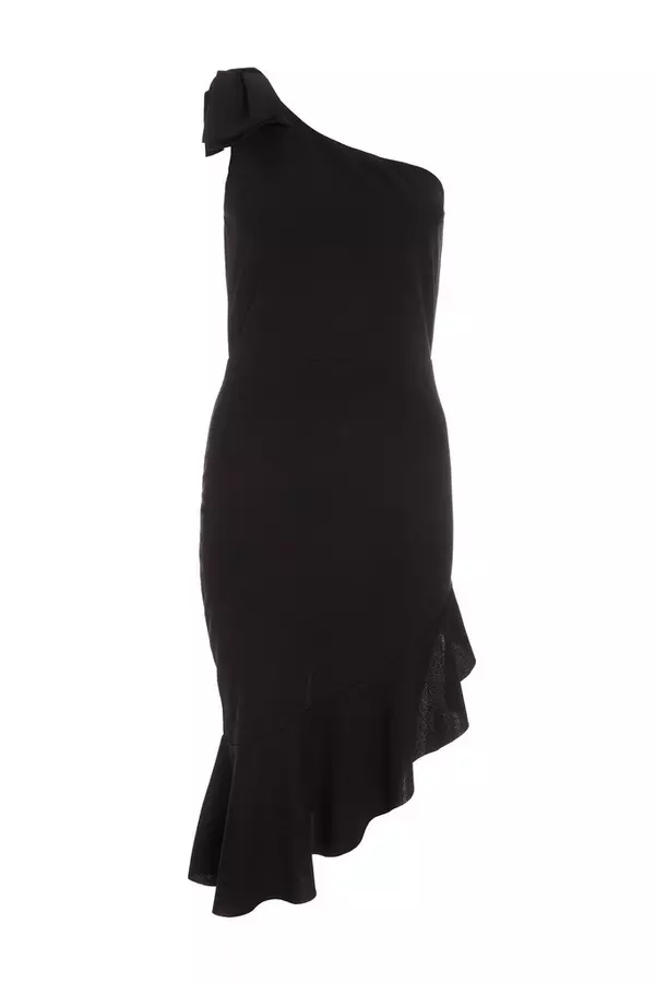Black One Shoulder Bow Midi Dress