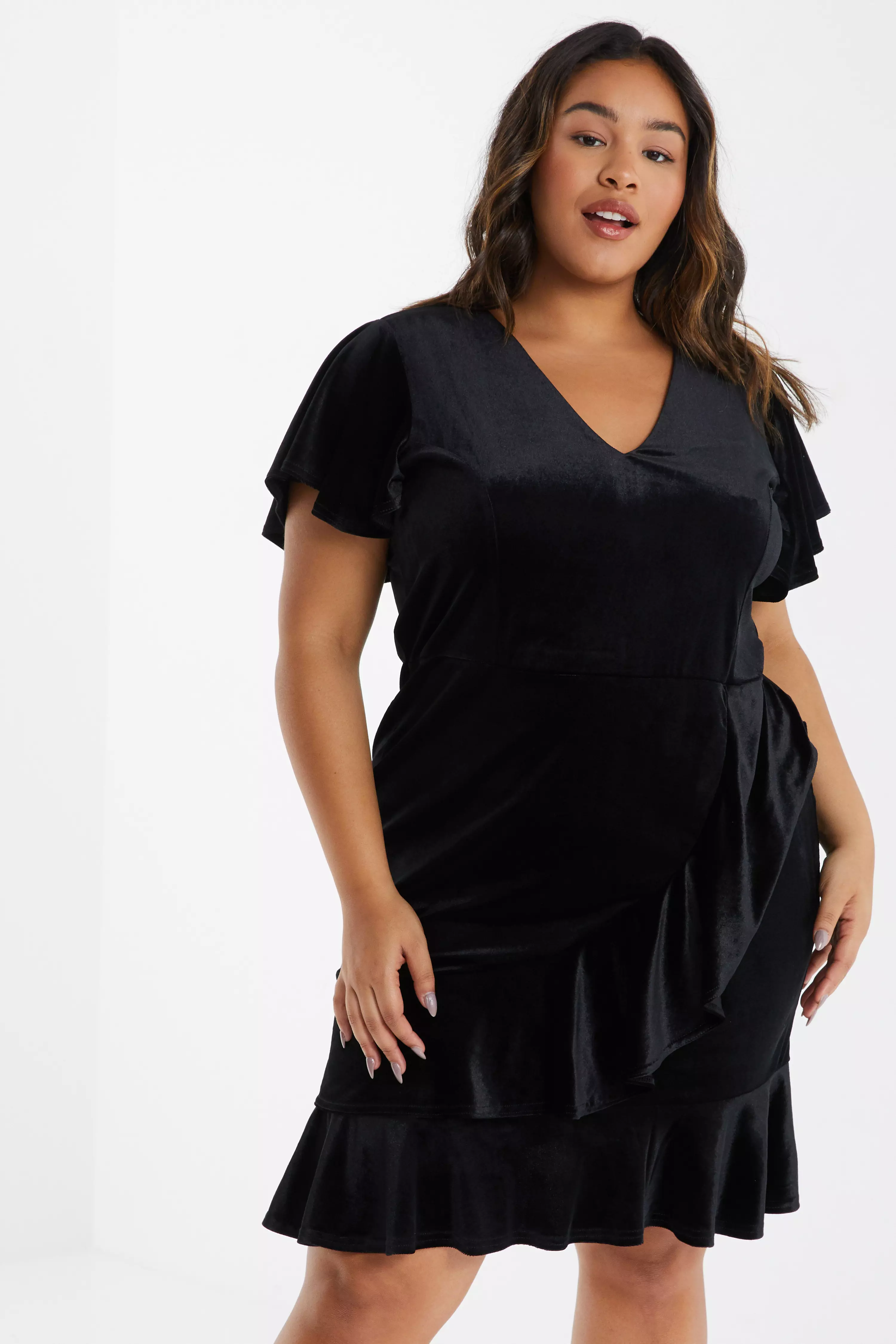 Curve Black Velvet Frill Dress