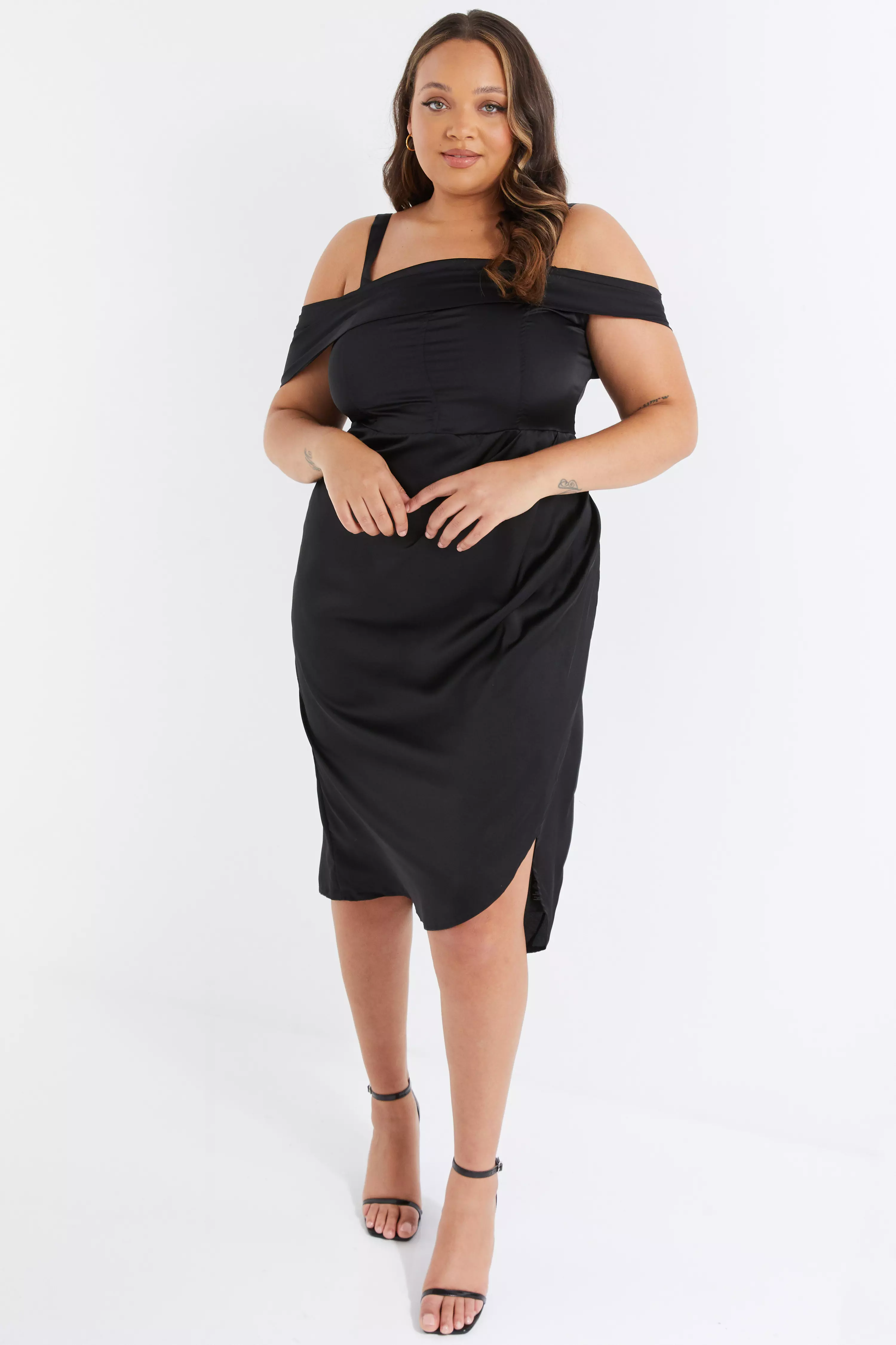 Curve Black Satin Ruched Midi Dress