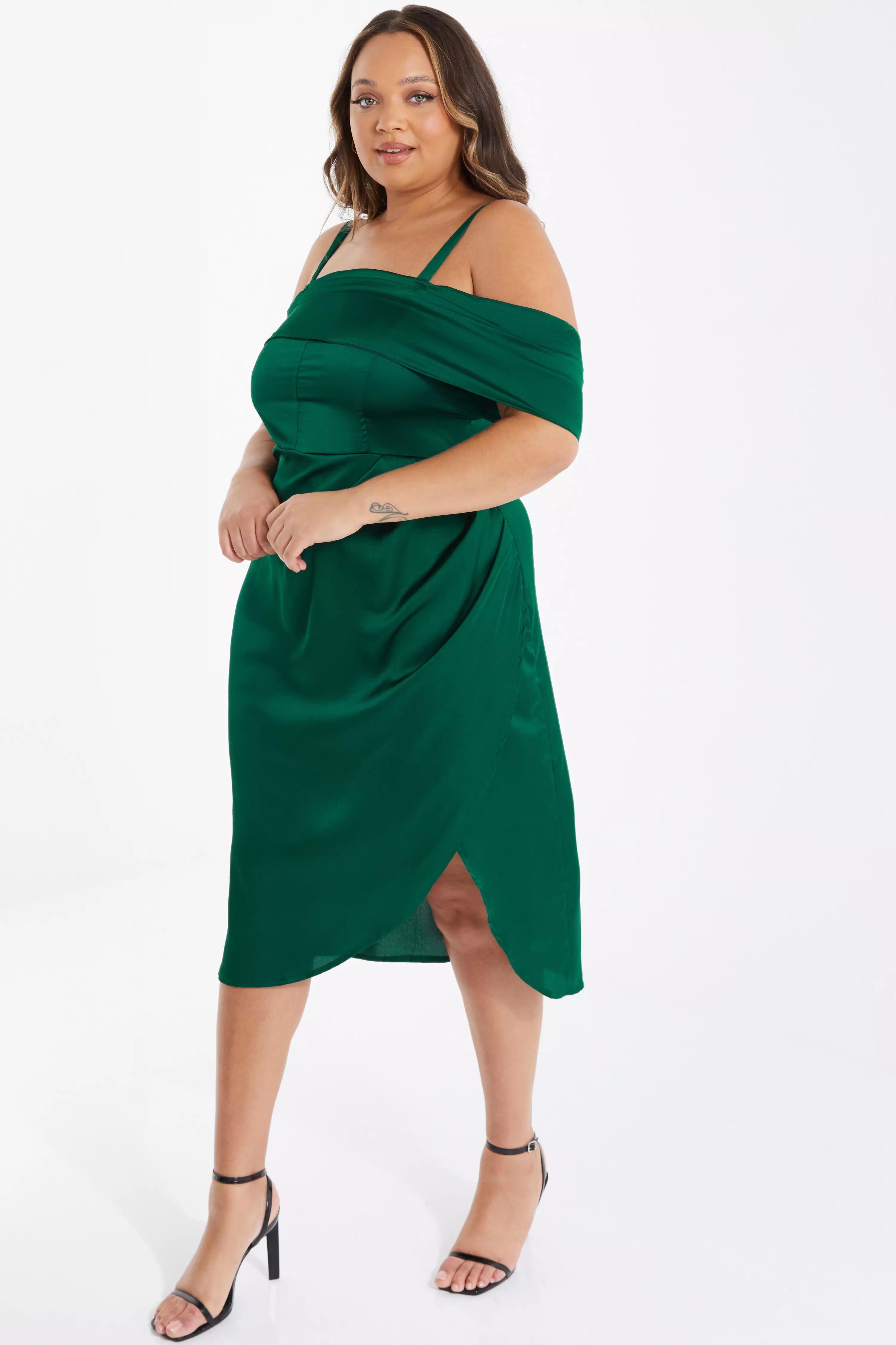 Curve Bottle Green Satin Ruched Midi Dress