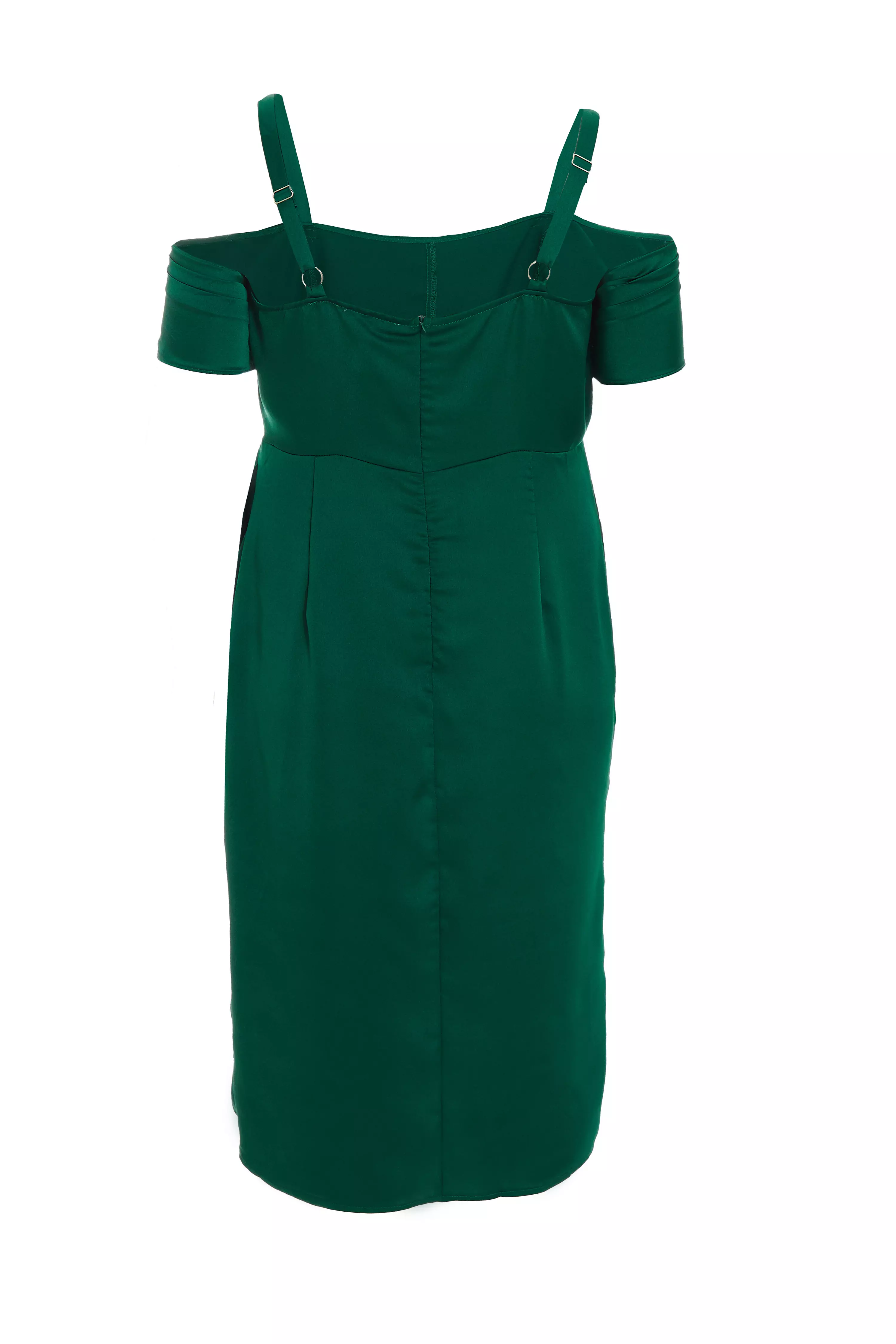 Curve Bottle Green Satin Ruched Midi Dress