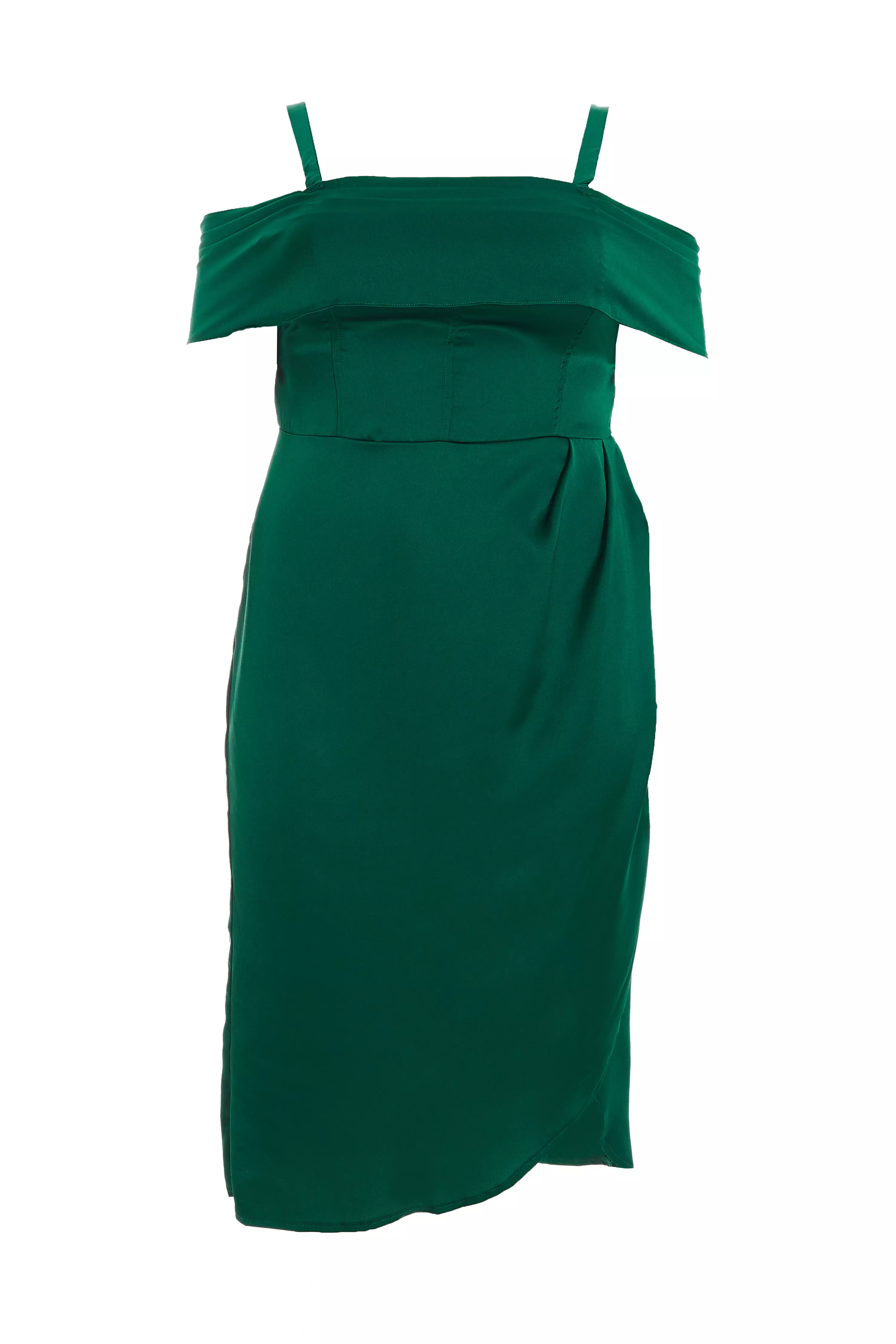 Curve Bottle Green Satin Ruched Midi Dress