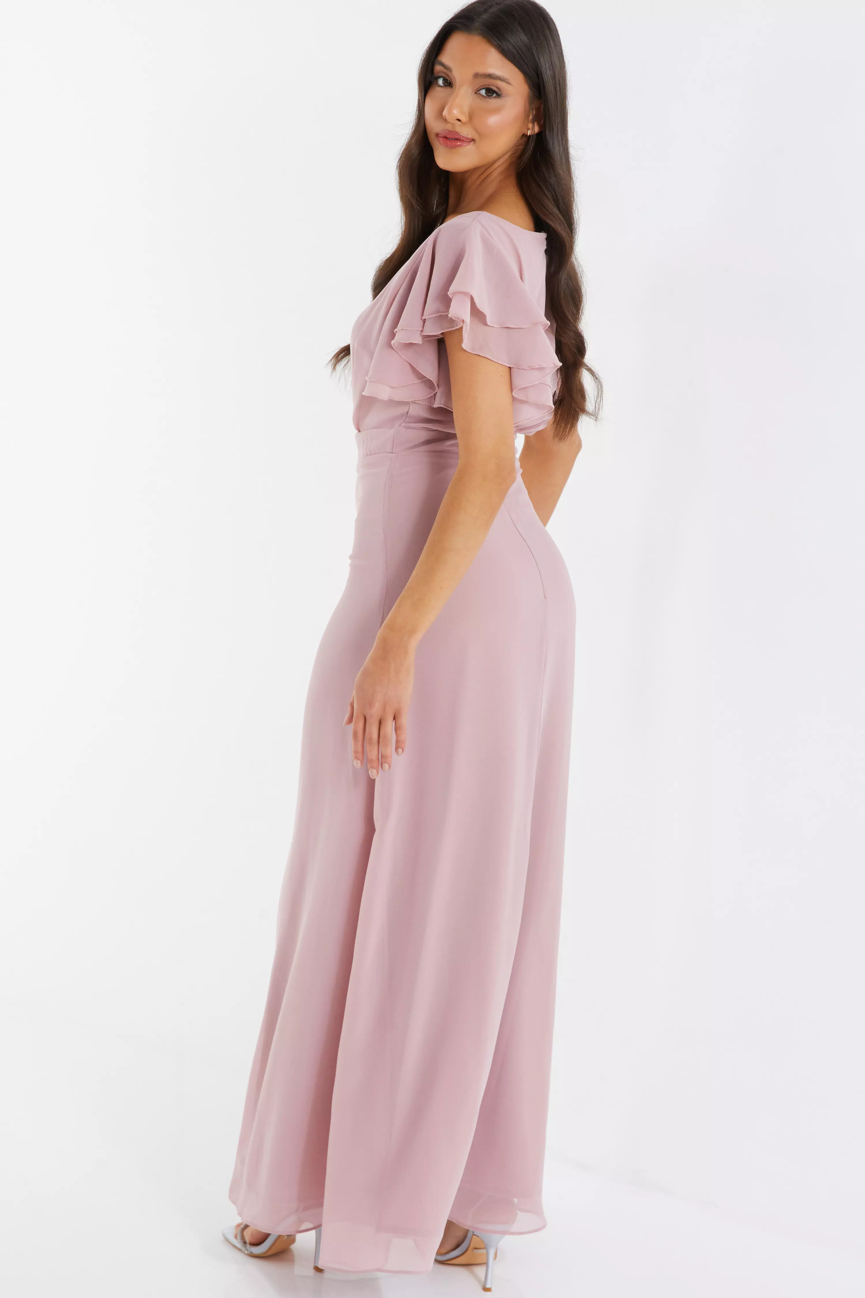 Pink Chiffon Frill Sleeve Maxi Dress