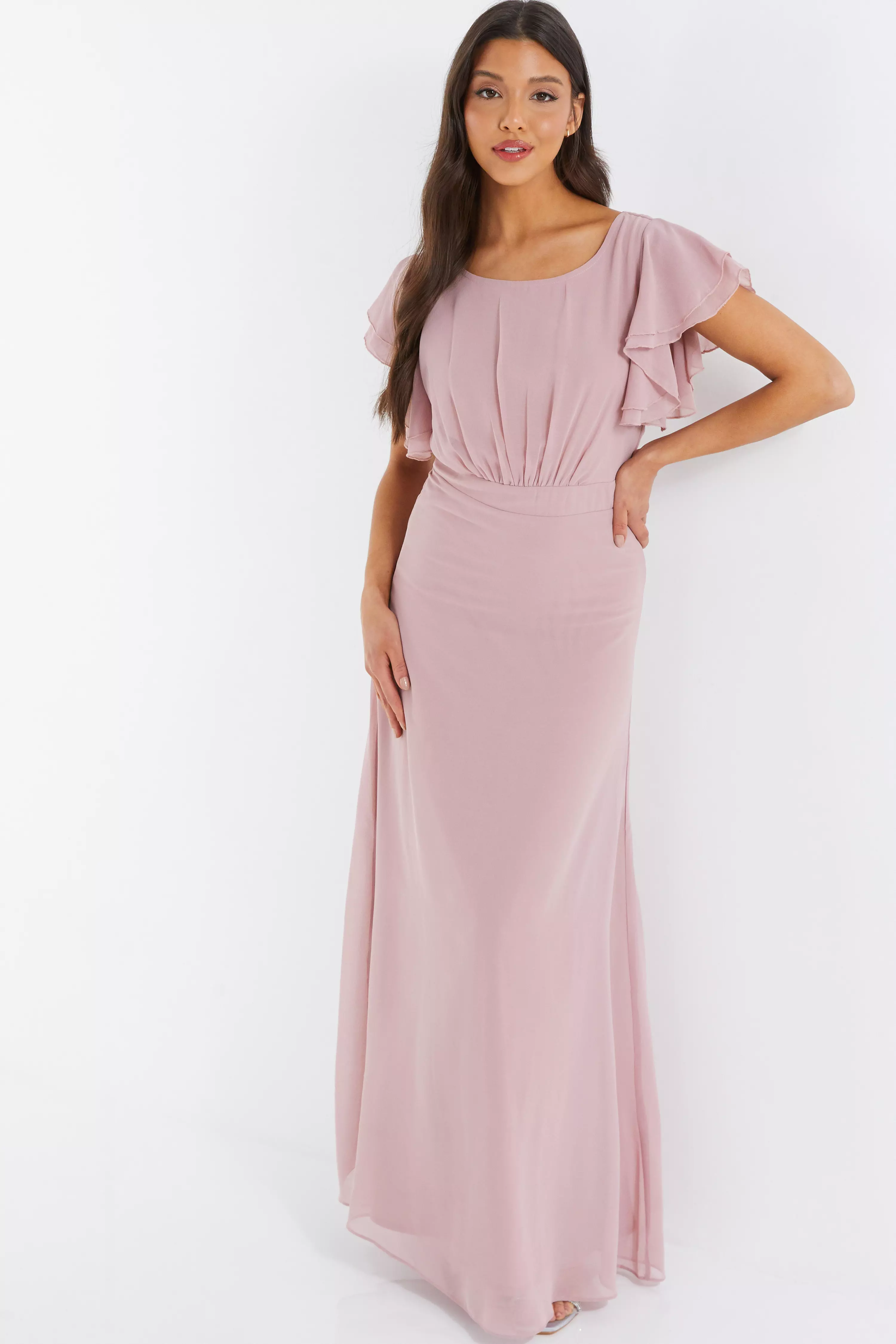 Pink Chiffon Frill Sleeve Maxi Dress