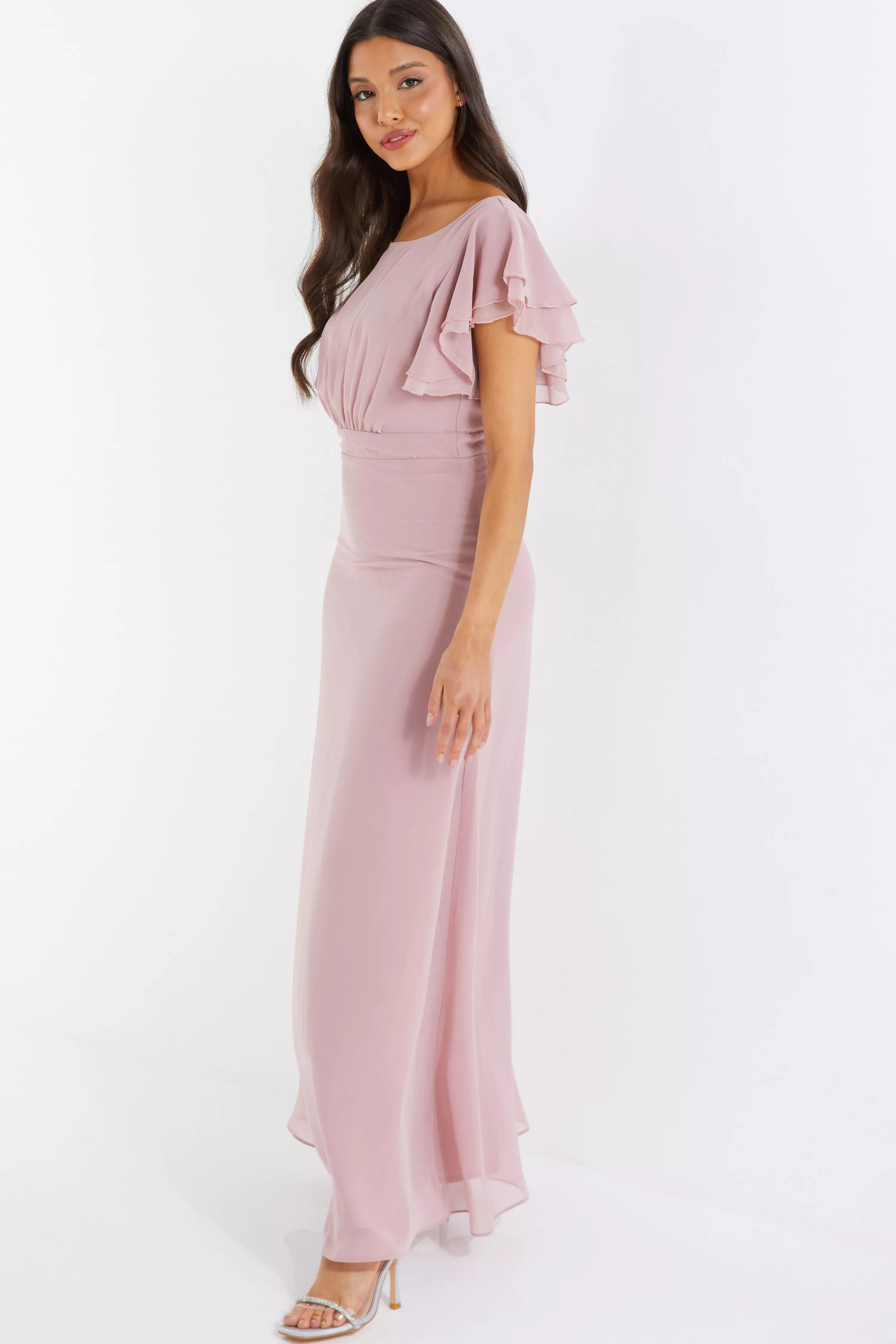 Pink Chiffon Frill Sleeve Maxi Dress