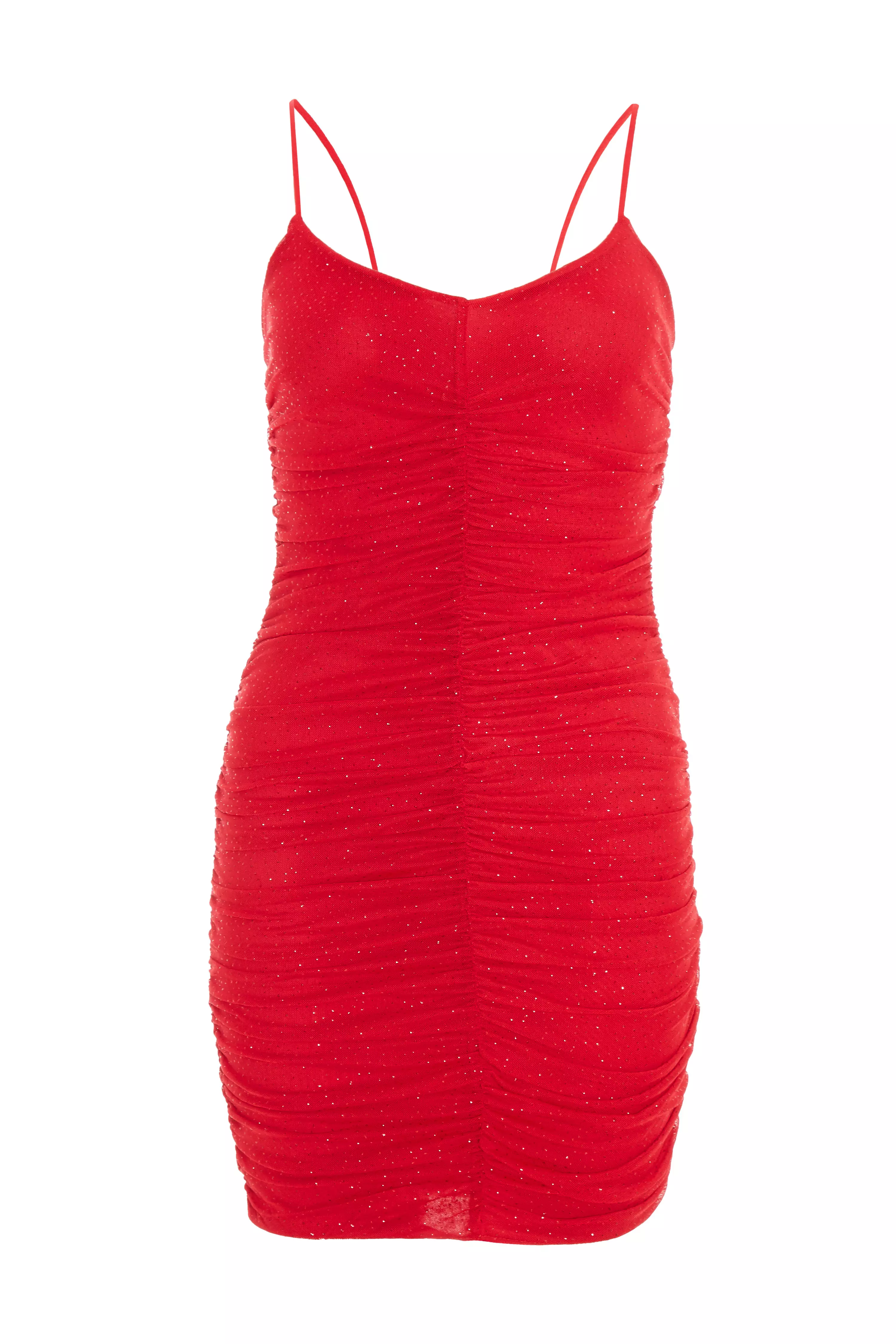 Red Glitter Ruched Bodycon Mini Dress