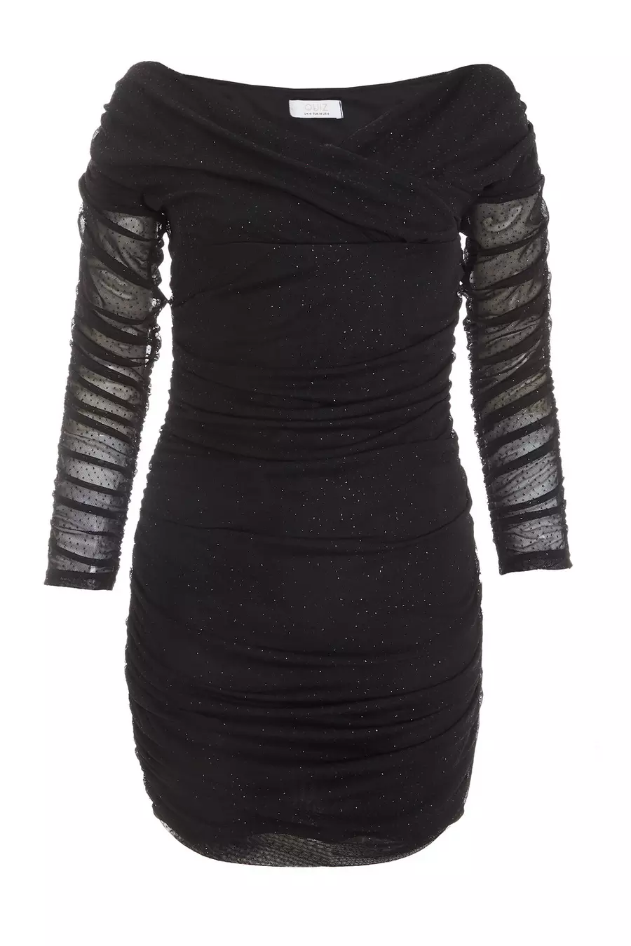 Black Bardot Glitter Ruched Bodycon Mini Dress QUIZ Clothing