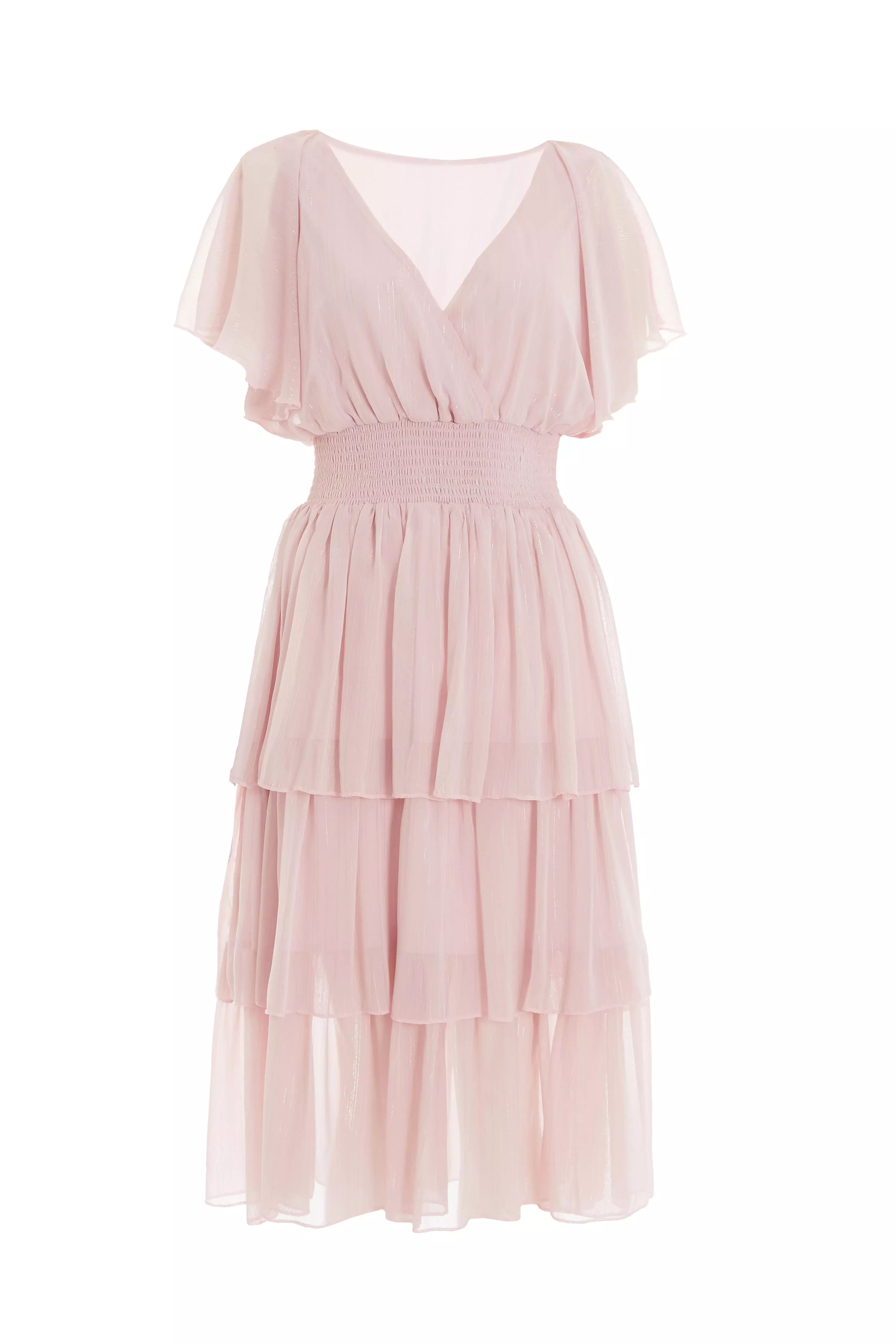 Pink Chiffon Tiered Midi Dress