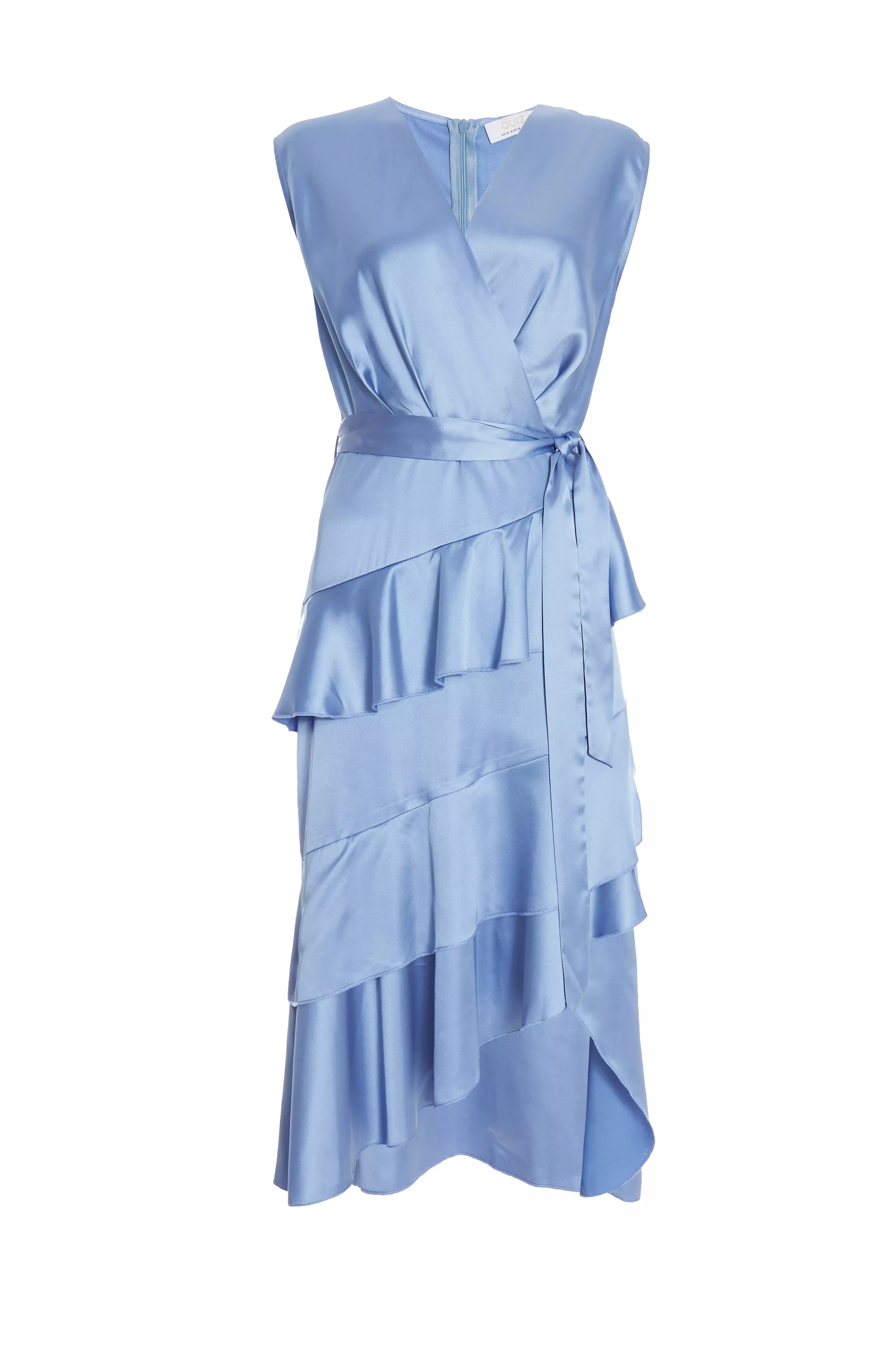 Light Blue Satin Tiered Midi Dress