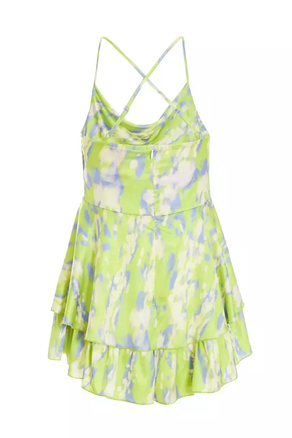 Lime Marble Print Satin Frill Playsuit