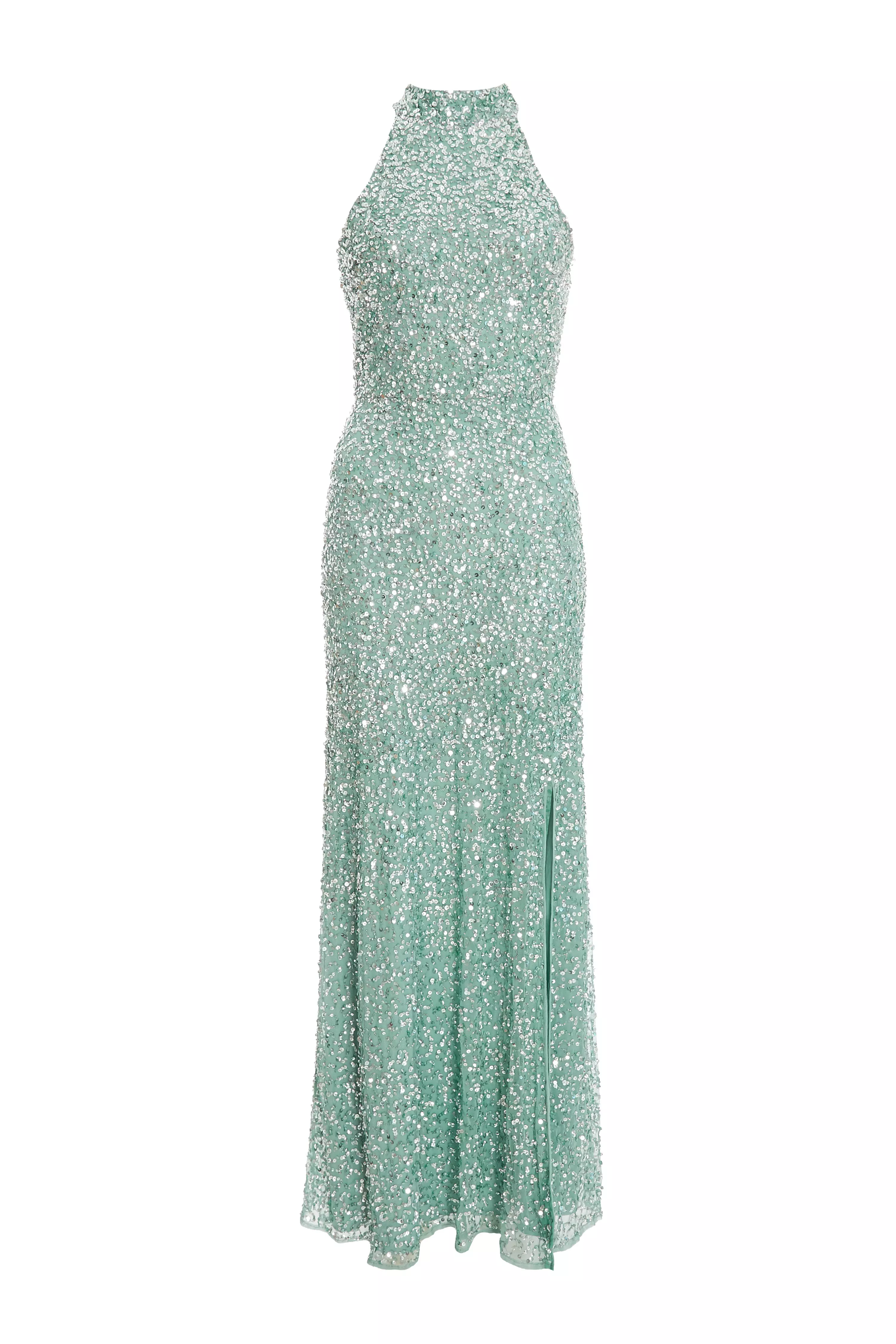 Bottle green sequin high neck fishtail hot sale maxi dress