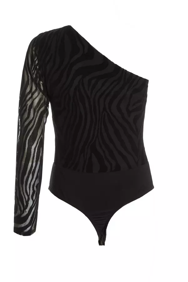 Black Zebra Print Mesh Bodysuit