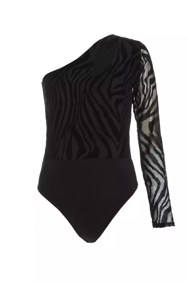 Black Zebra Print Mesh Bodysuit