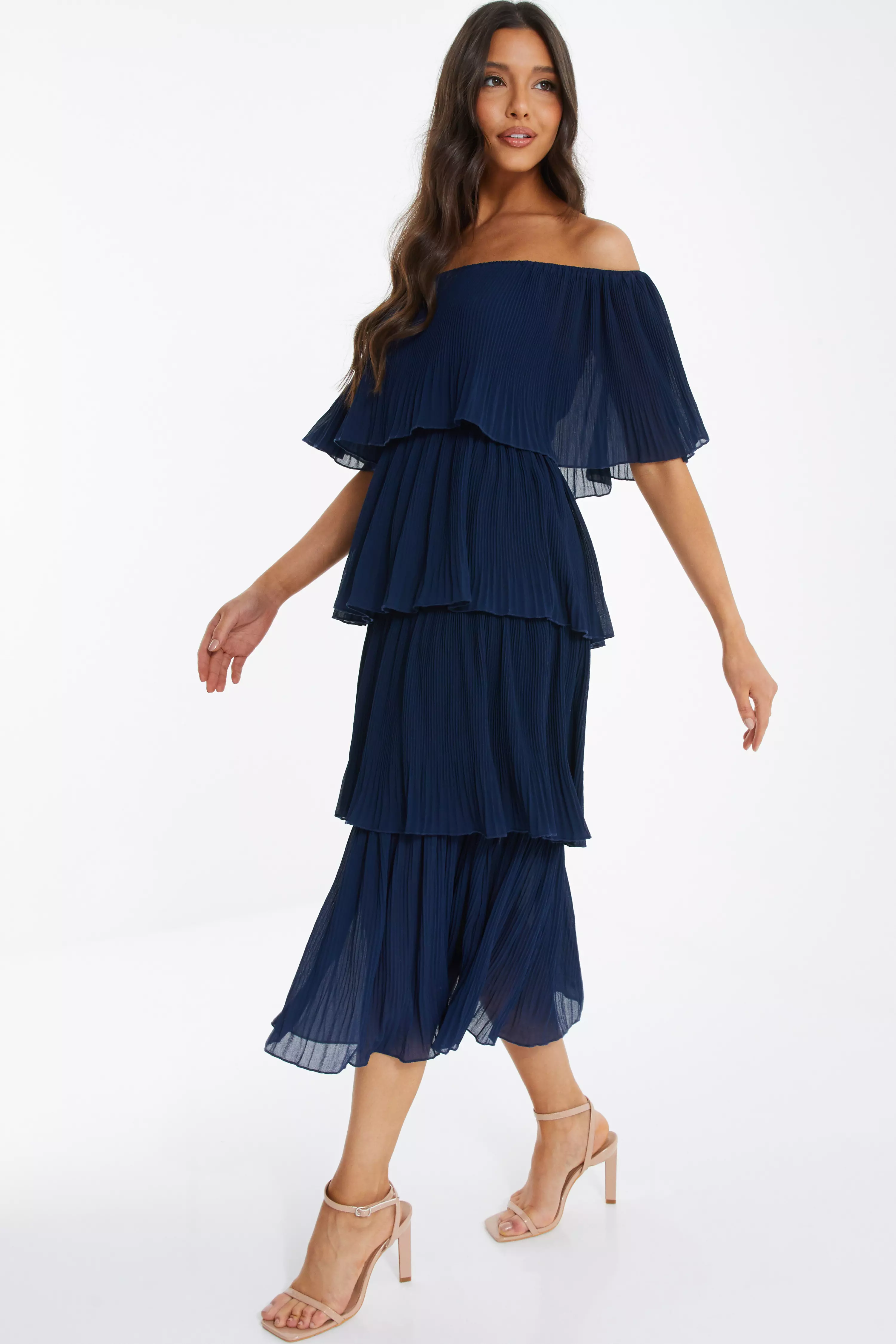 Navy Bardot Pleated Midaxi Dress