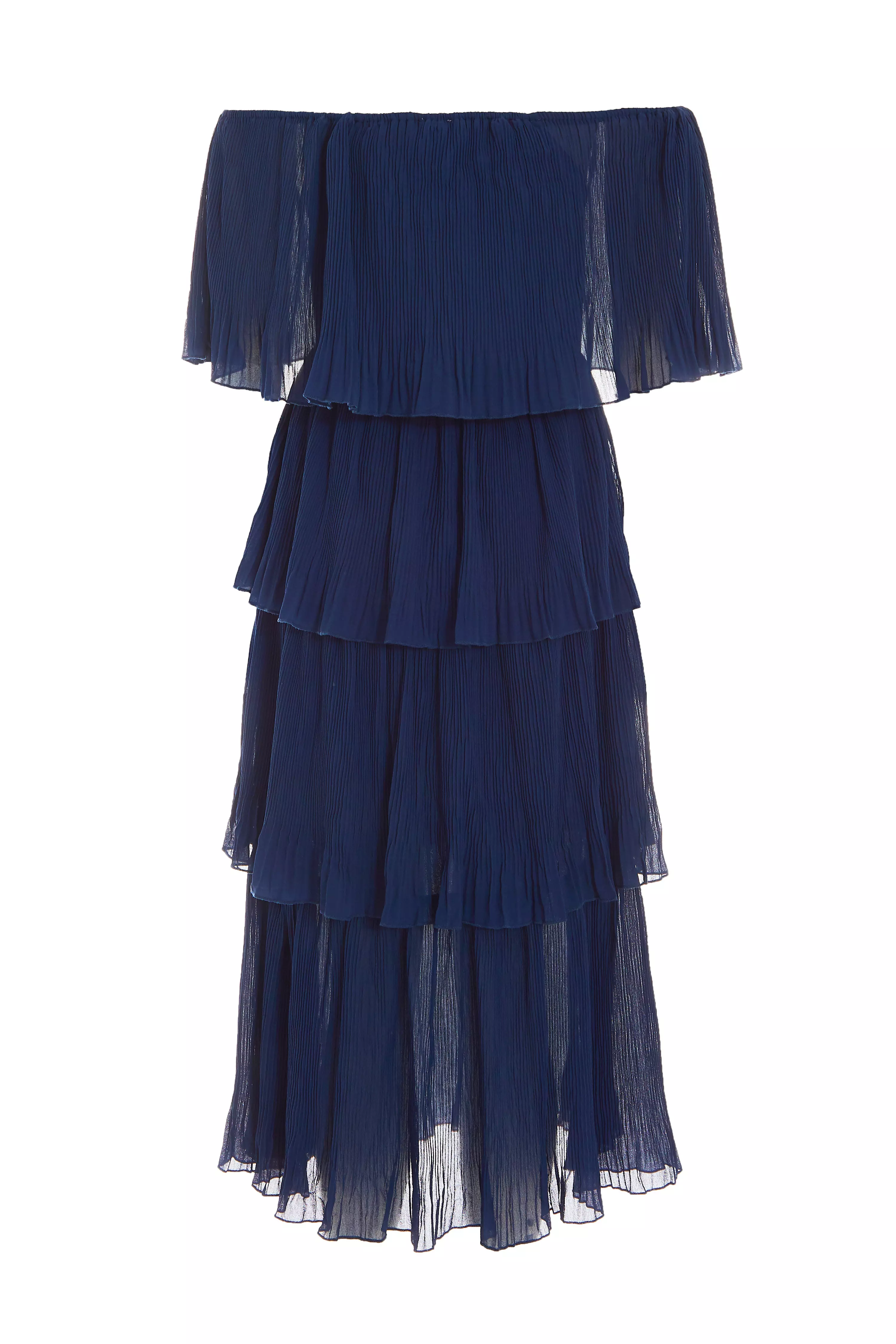 Navy Bardot Pleated Midaxi Dress