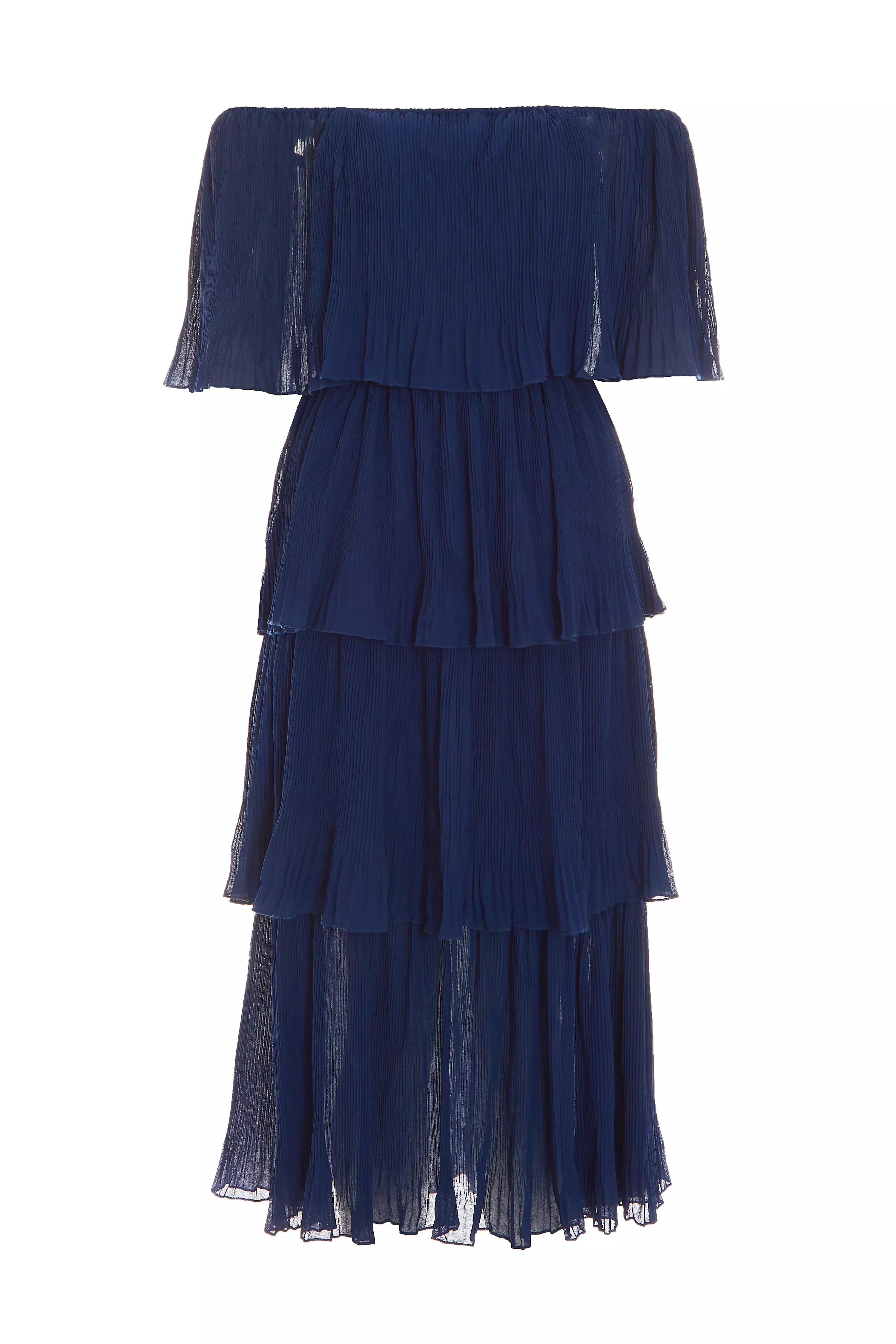 Navy Bardot Pleated Midaxi Dress