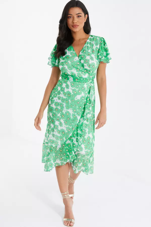 Green Chiffon Floral Wrap Midi Dress