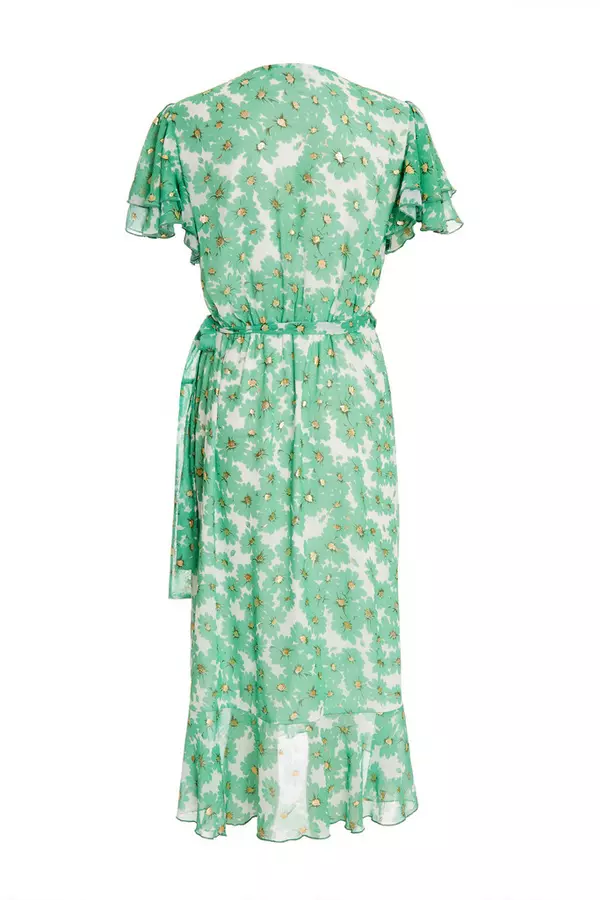 Green Chiffon Floral Wrap Midi Dress