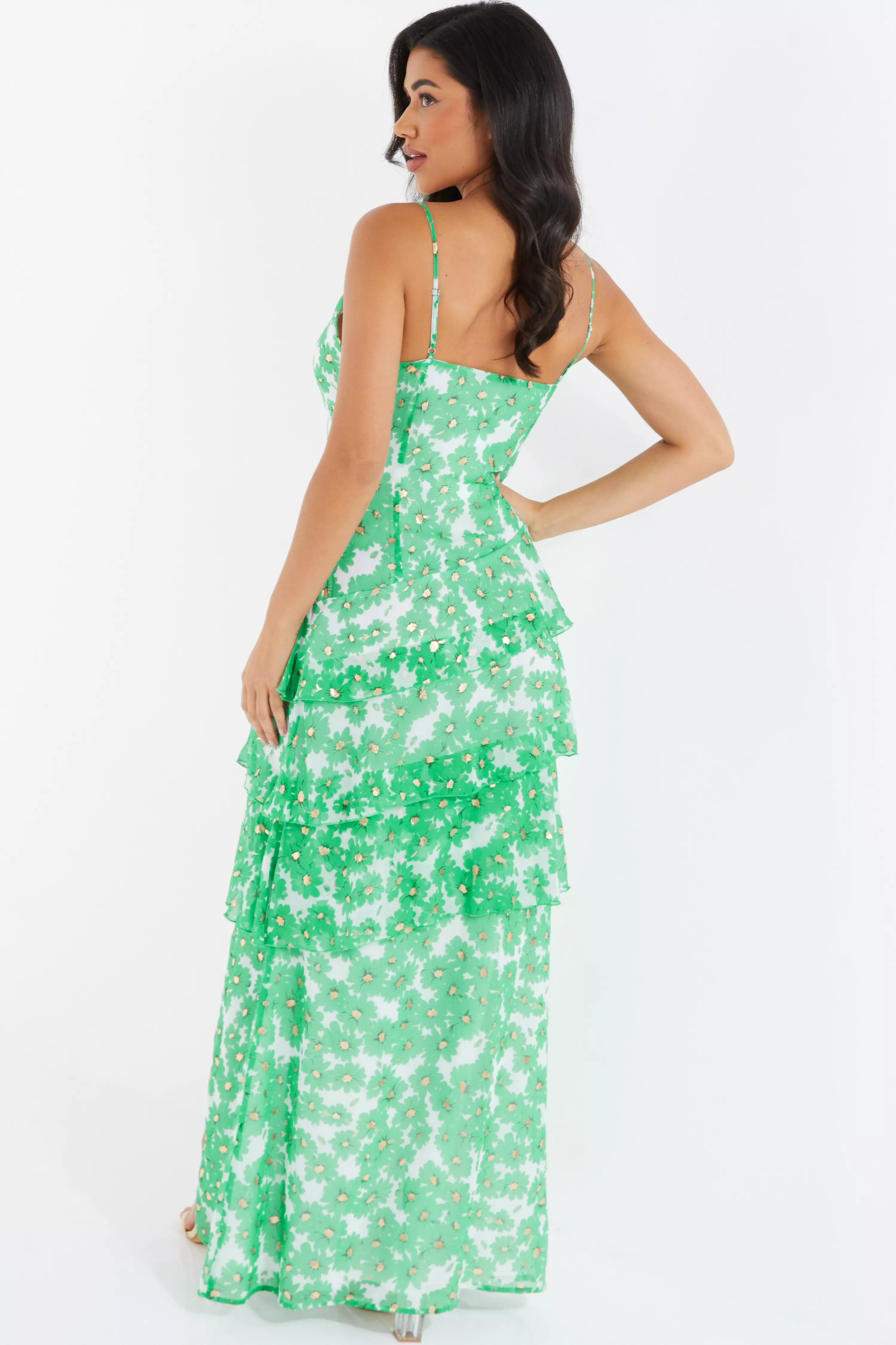 Green Chiffon Floral Tiered Maxi Dress