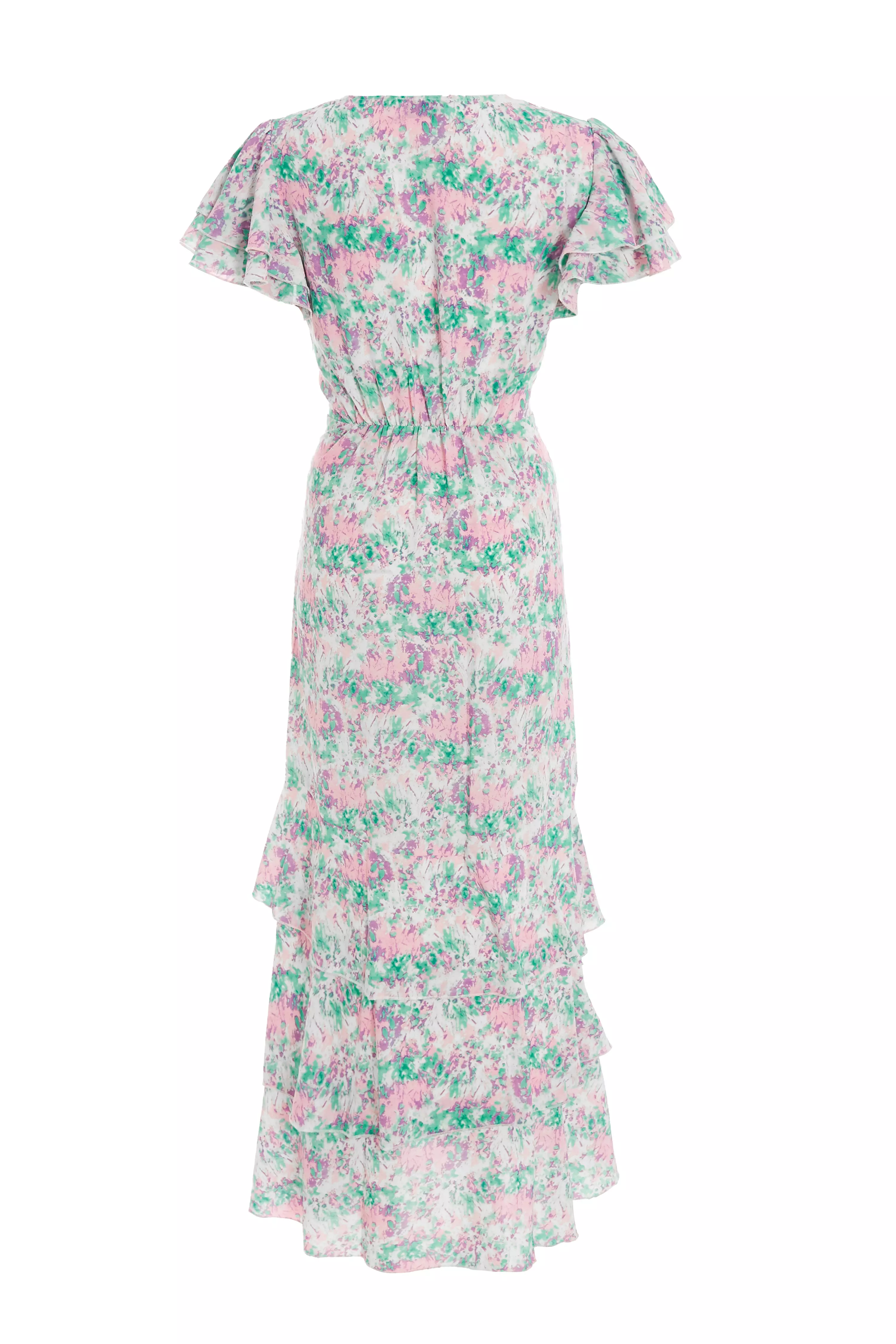 Pink Smudge Print Frill Maxi Dress