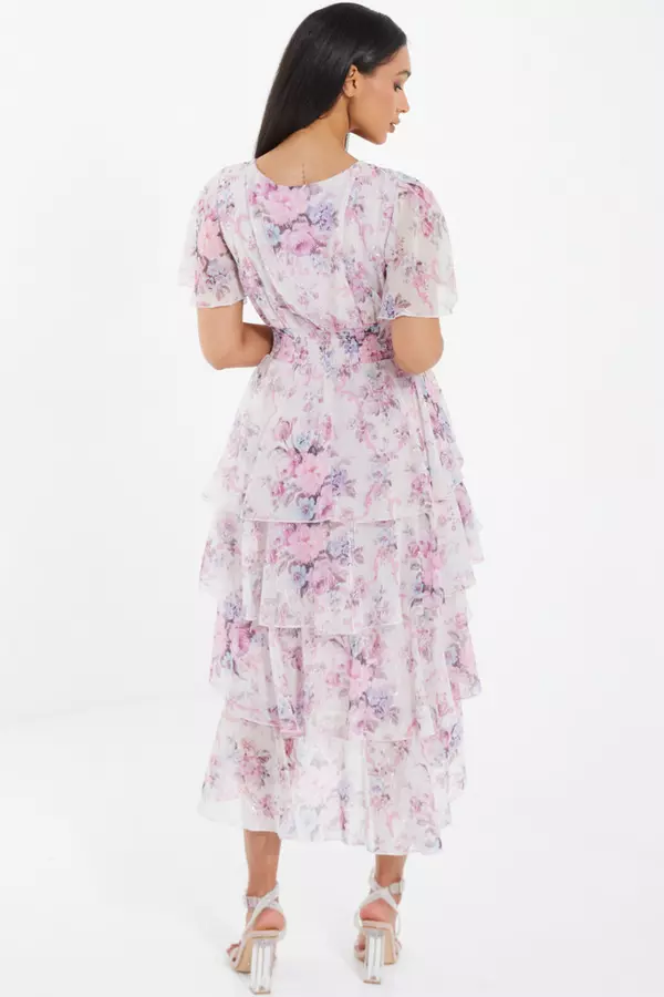 Pink Chiffon Floral Dip Hem Tiered Midi Dress