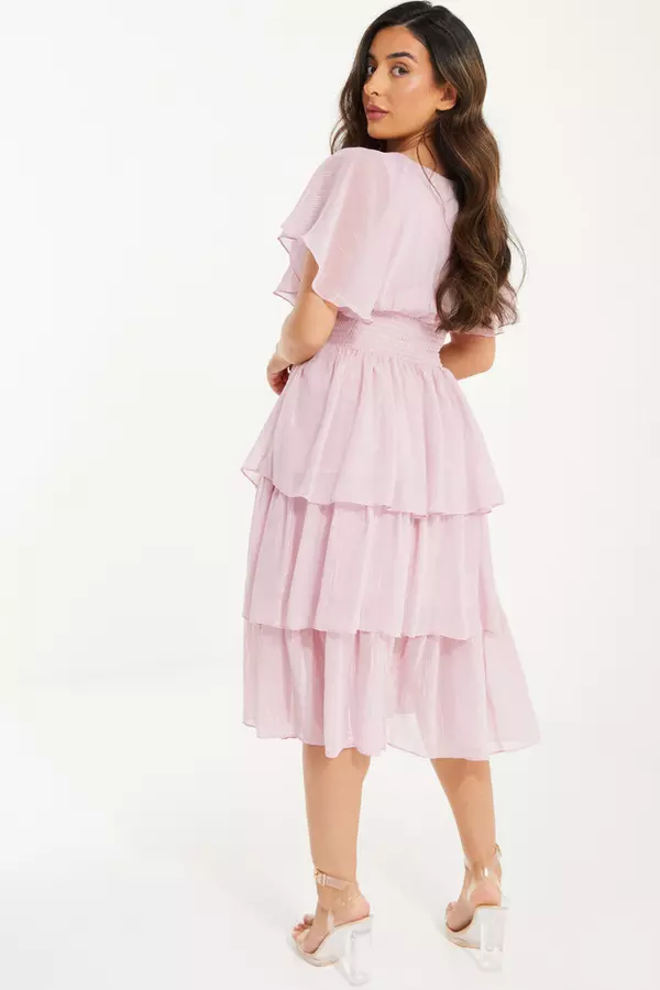 Petite Pink Chiffon Tiered Midi Dress