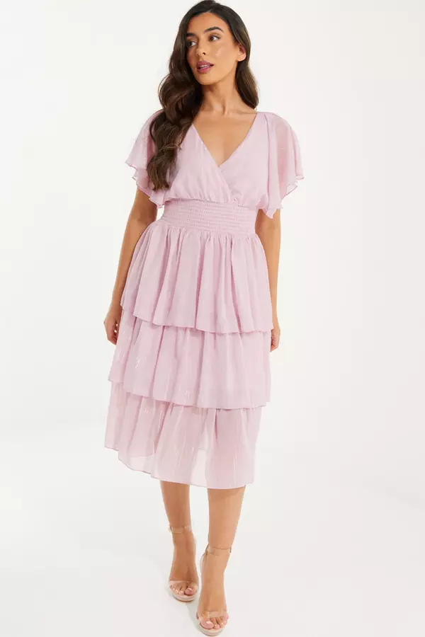 Petite Pink Chiffon Tiered Midi Dress