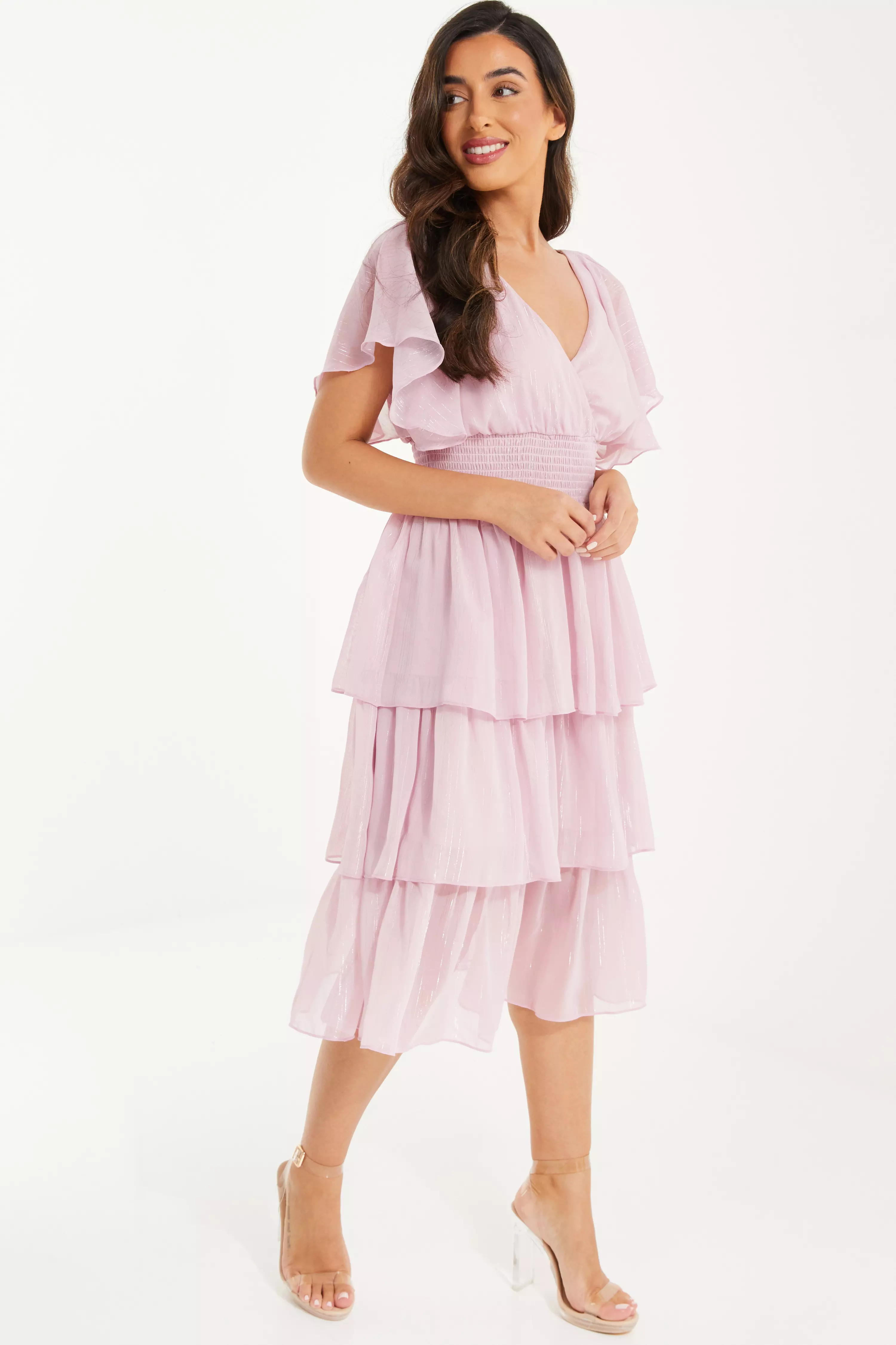 Petite Pink Chiffon Tiered Midi Dress