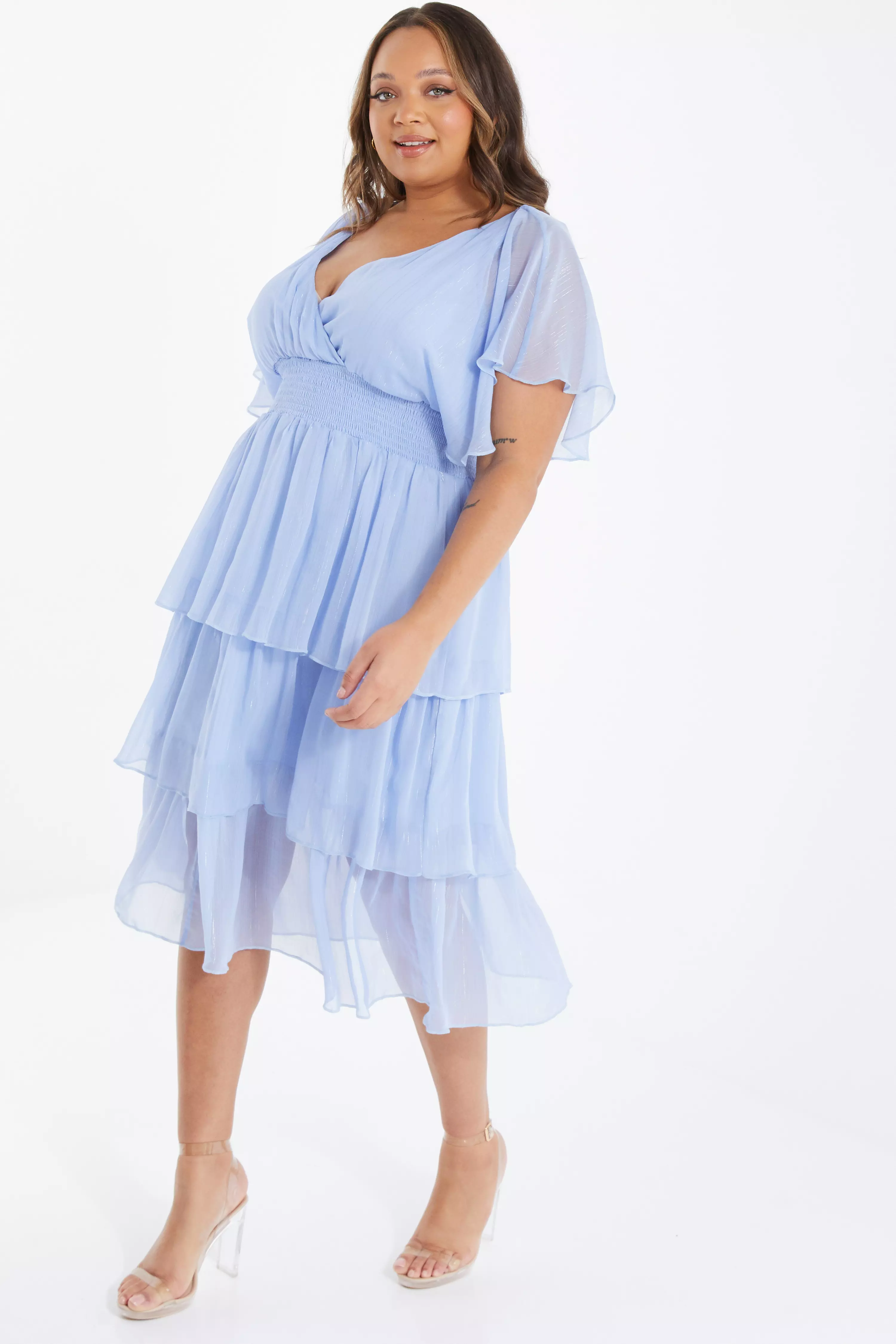 Curve Blue Chiffon Tiered Midi Dress