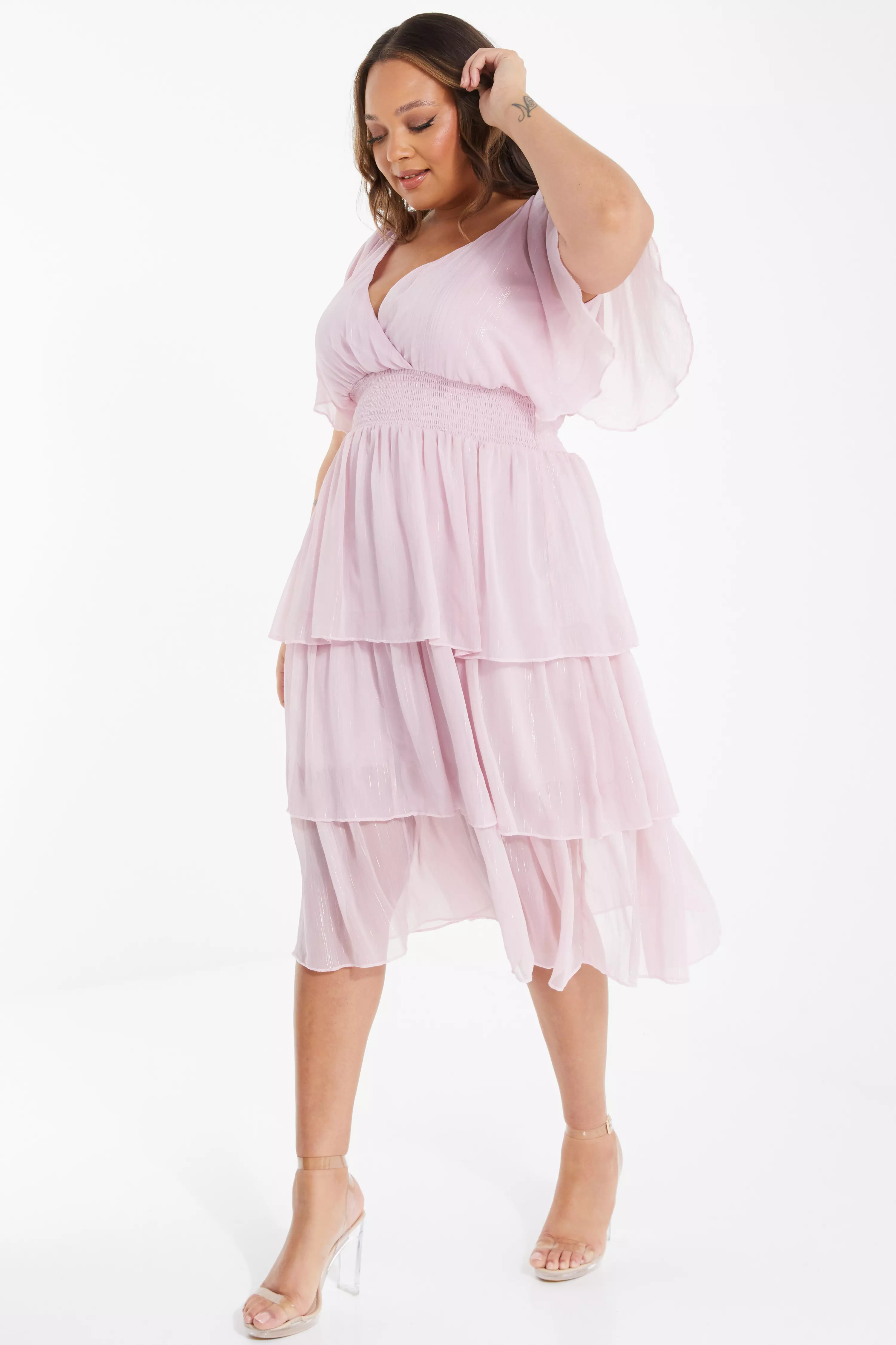 Curve Pink Chiffon Tiered Midi Dress